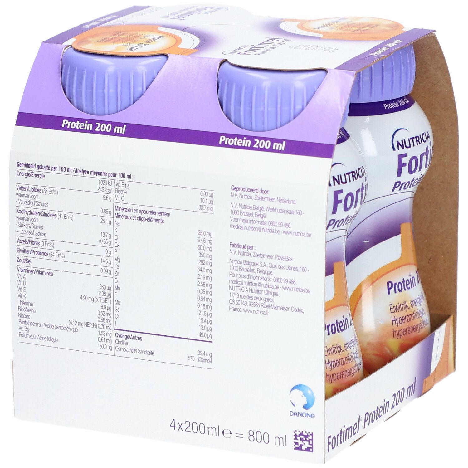 Emballage de quatre bouteilles Fortimel Protein Caramel. Inscription : Protéines 200 ml, 29 g. Arôme caramel. Dos avec informations nutritionnelles.