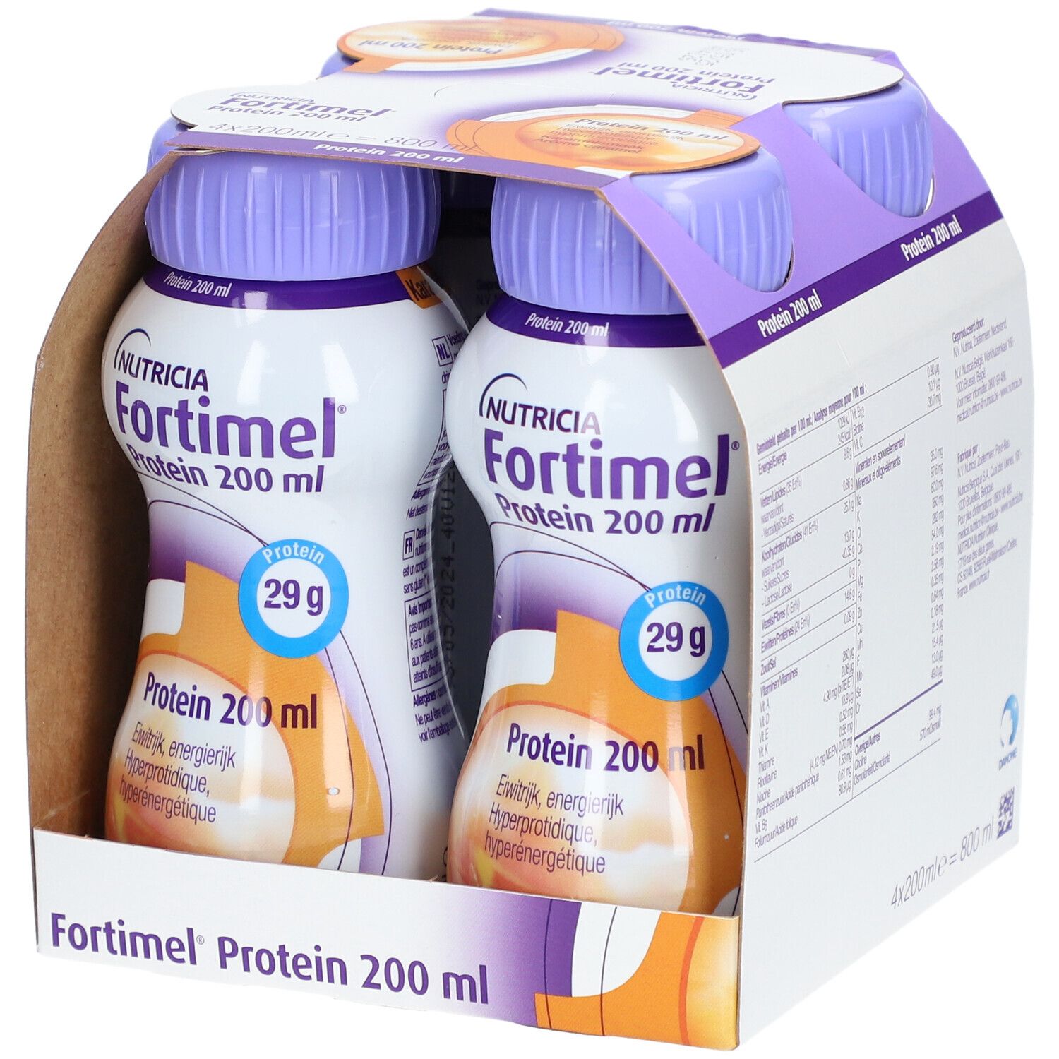 Emballage de quatre bouteilles Fortimel Protein Caramel. Inscription : Protéines 200 ml, 29 g. Arôme caramel. Bouteilles dans un carton.