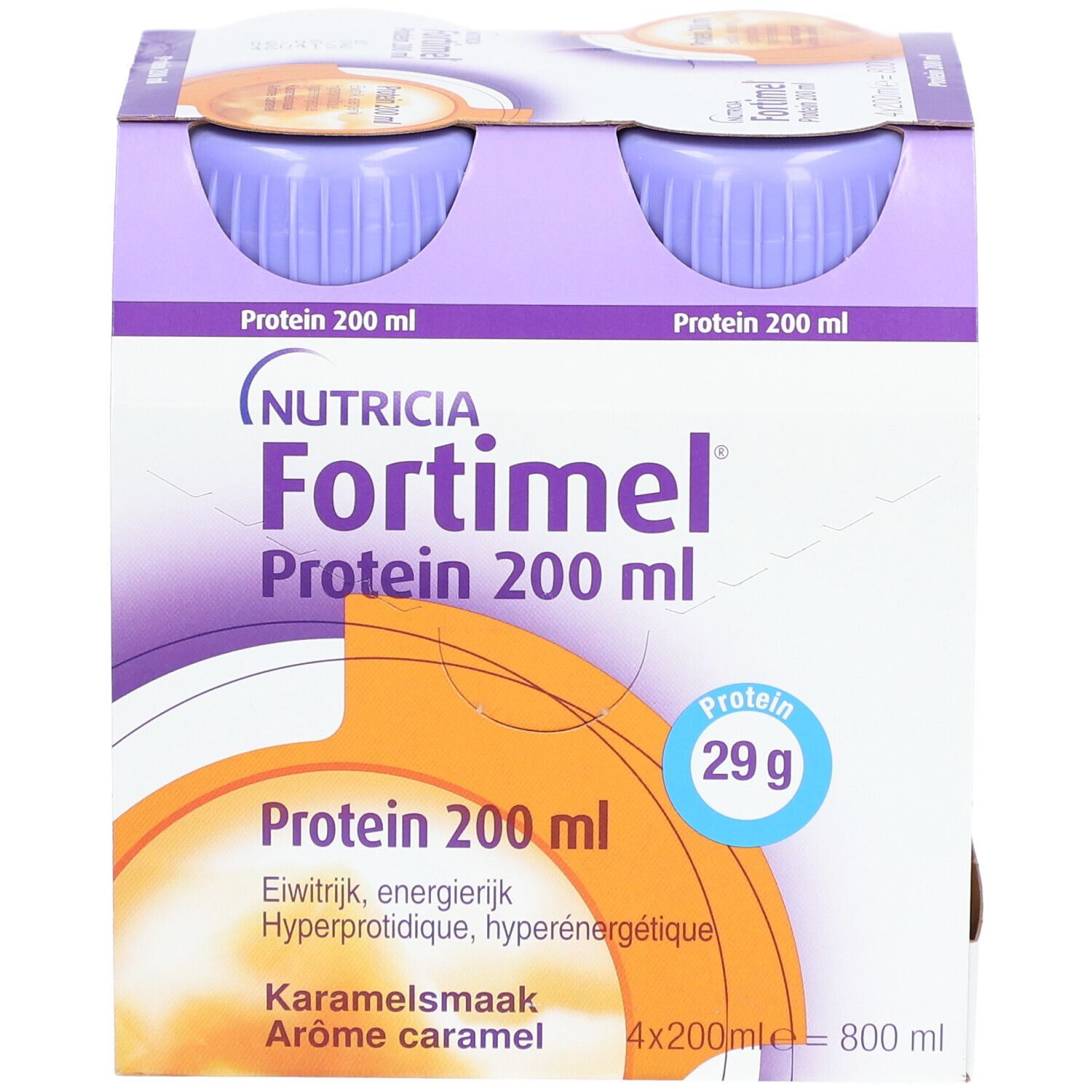 Emballage de quatre bouteilles Fortimel Protein Caramel. Inscription : Protéines 200 ml, 29 g de protéines. Arôme caramel.