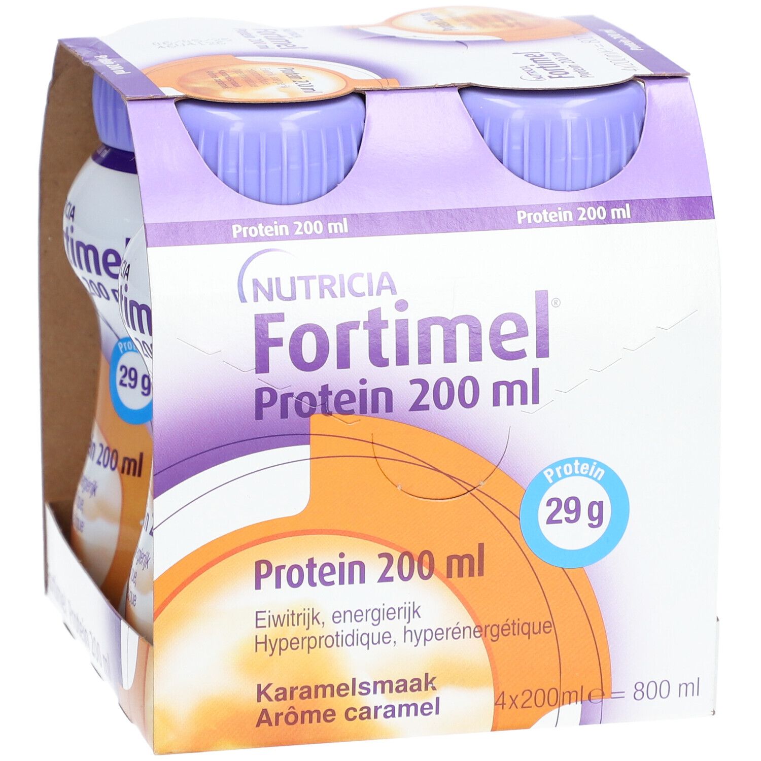 Emballage de quatre bouteilles Fortimel Protein Caramel. Inscription : Protéines 200 ml, 29 g. Arôme caramel. Bouteilles dans un carton.