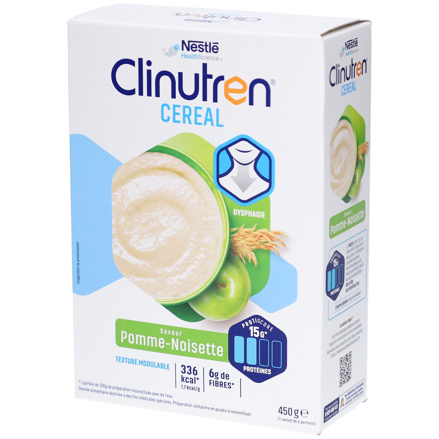 Boîte de Clinutren Cereal Pomme-Noisette. Logo Nestlé. Saveur pomme-noisette. Texture modulable. 450g.