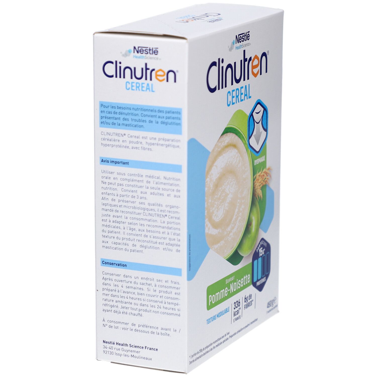 Dos de la boîte Clinutren Cereal Pomme-Noisette. Texte sur l'utilisation et les ingrédients. Logo Nestlé Health Science.