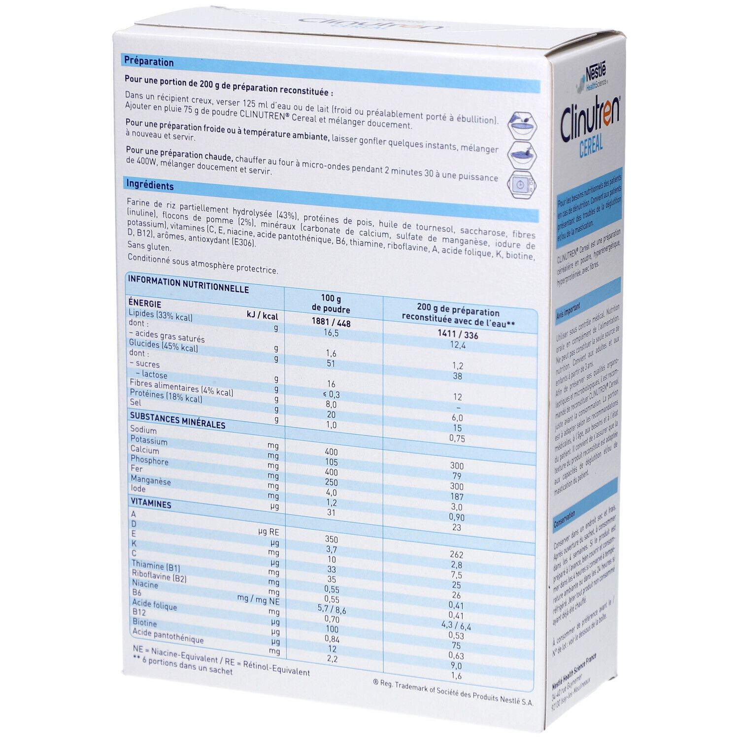 Dos de la boîte Clinutren Cereal Pomme-Noisette. Informations nutritionnelles et instructions de préparation. Logo Nestlé.