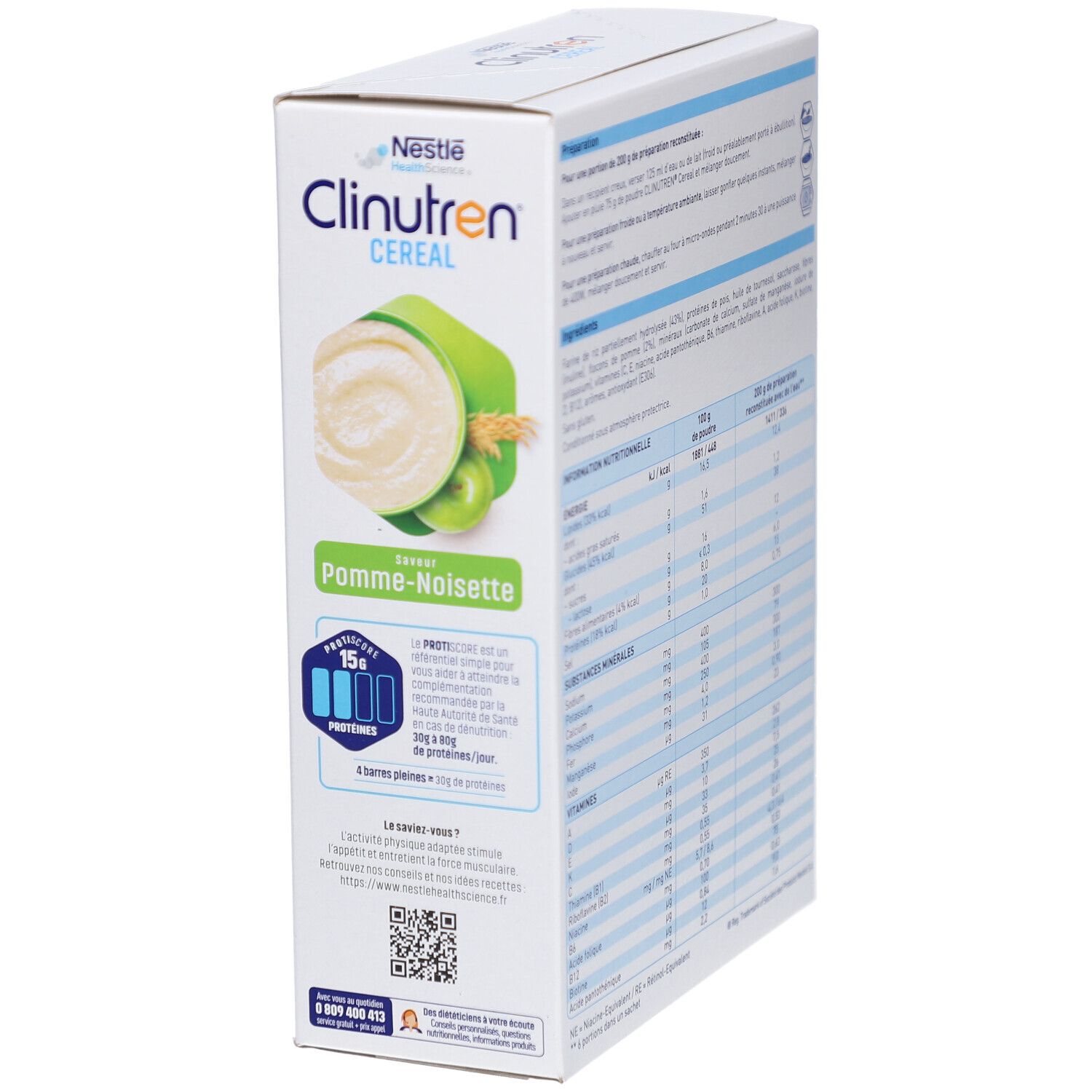 Côté de la boîte Clinutren Cereal Pomme-Noisette. Texte et code QR. Logo Nestlé Health Science. Numéro de téléphone.