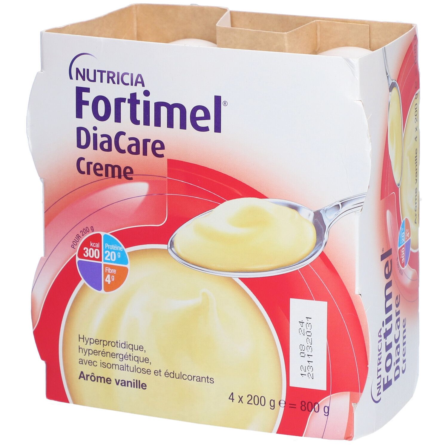 Boîte Fortimel DiaCare Crème vanille. 4 pots. Informations produit. Logo Nutricia et nom du produit.