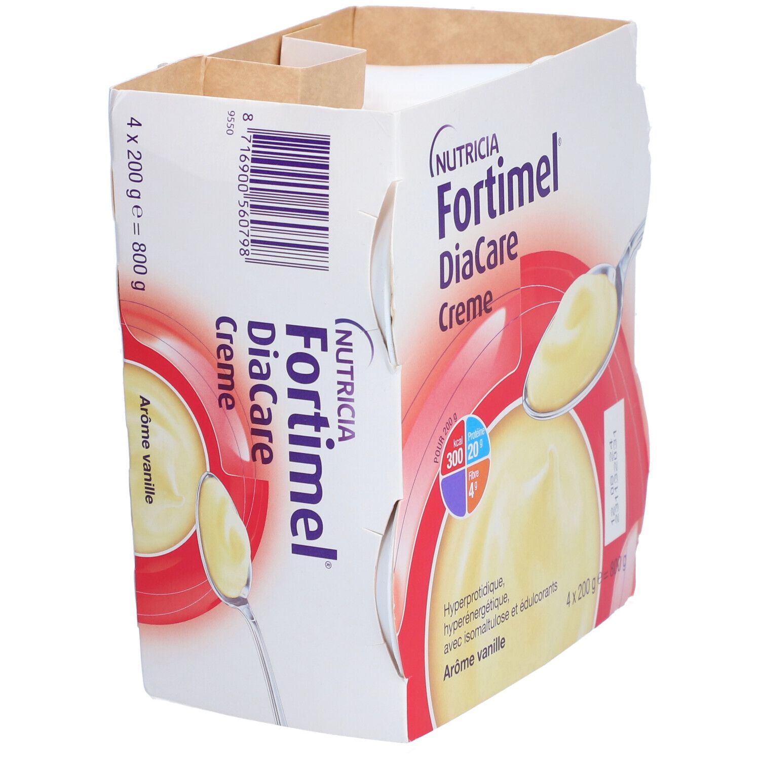 Boîte Fortimel DiaCare Crème vanille. 4 pots. Emballage ouvert. Logo Nutricia et nom du produit.