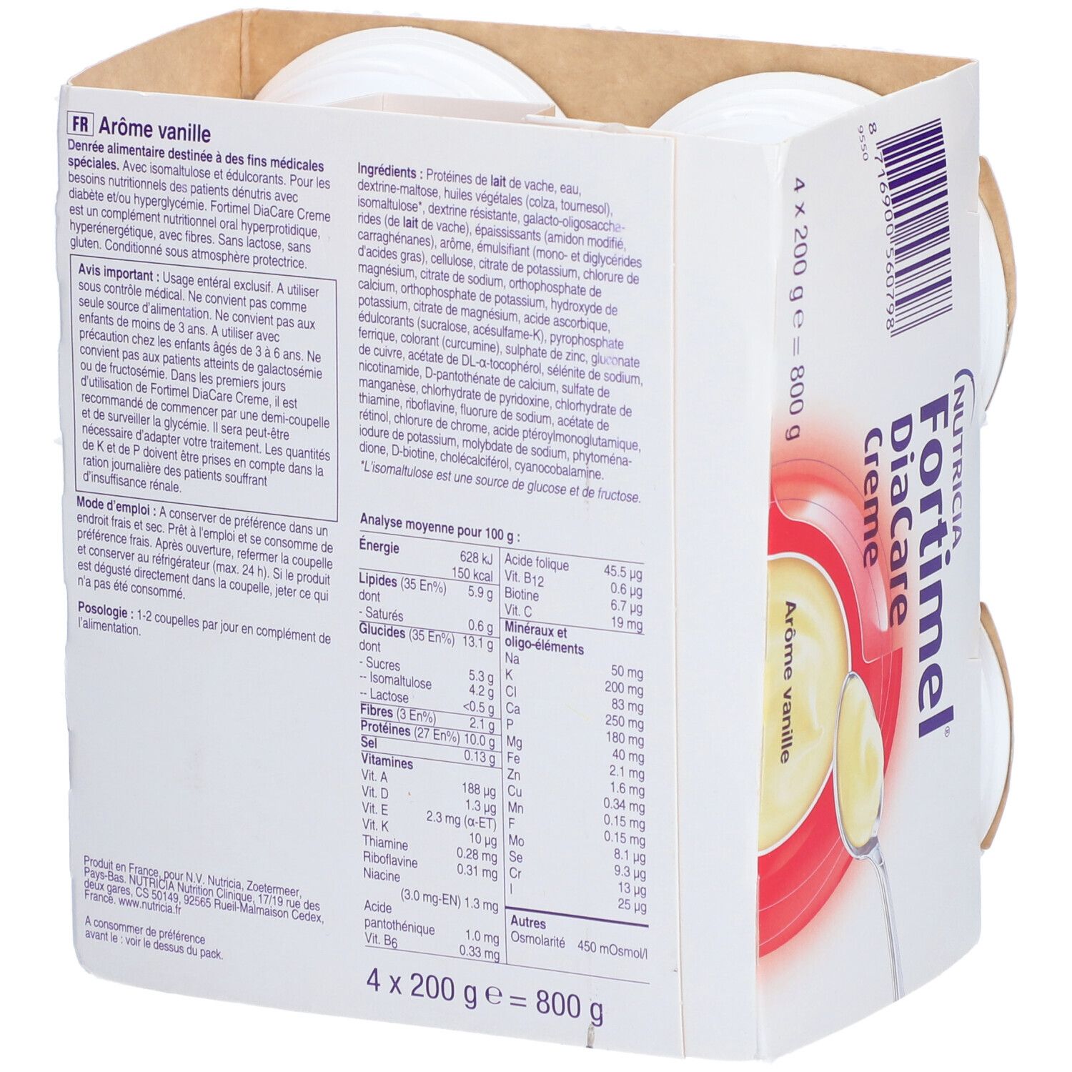 Dos de la boîte Fortimel DiaCare Crème vanille. Informations produit, valeurs nutritionnelles. Logo Nutricia.