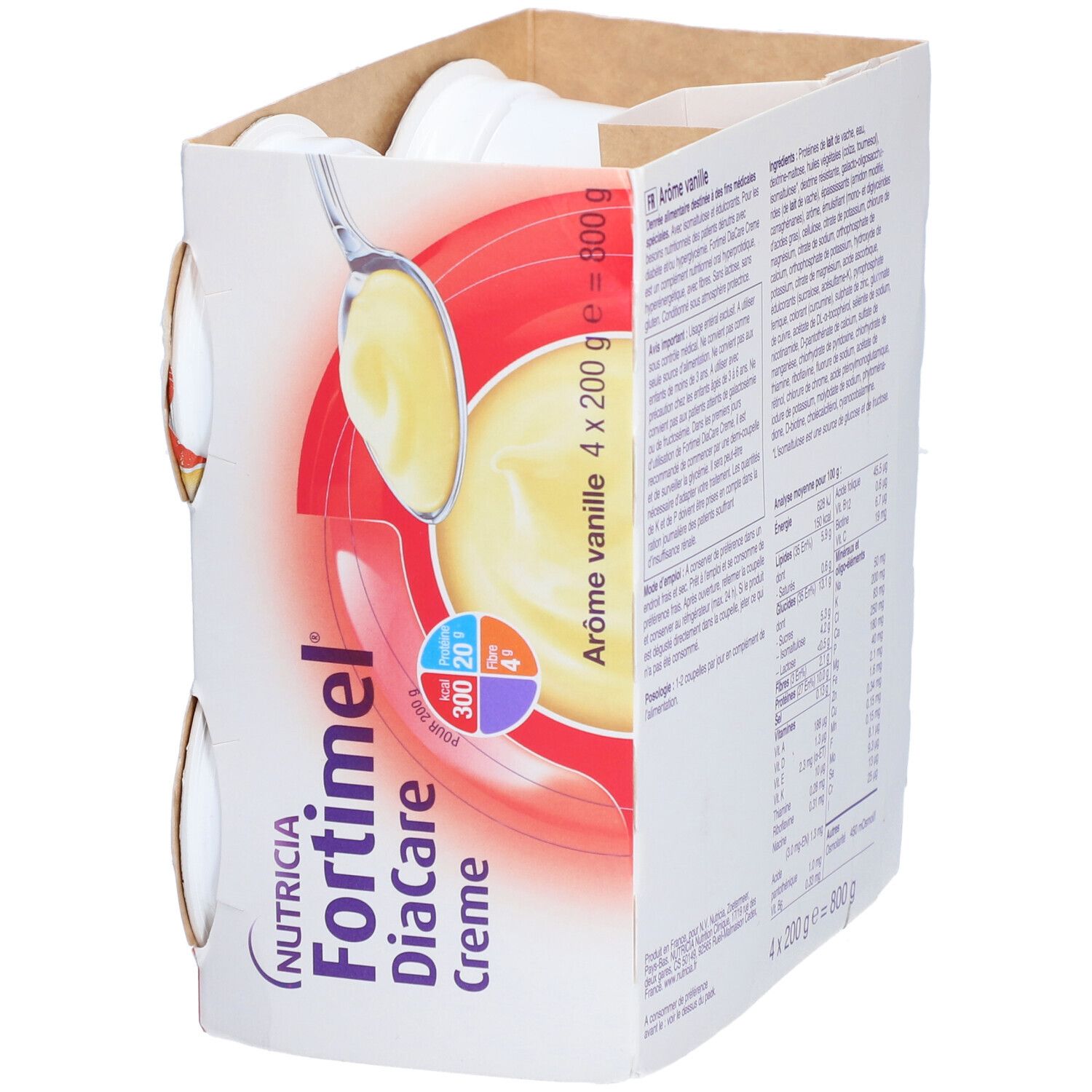 Boîte Fortimel DiaCare Crème vanille. 4 pots. Dos avec informations produit. Logo Nutricia.