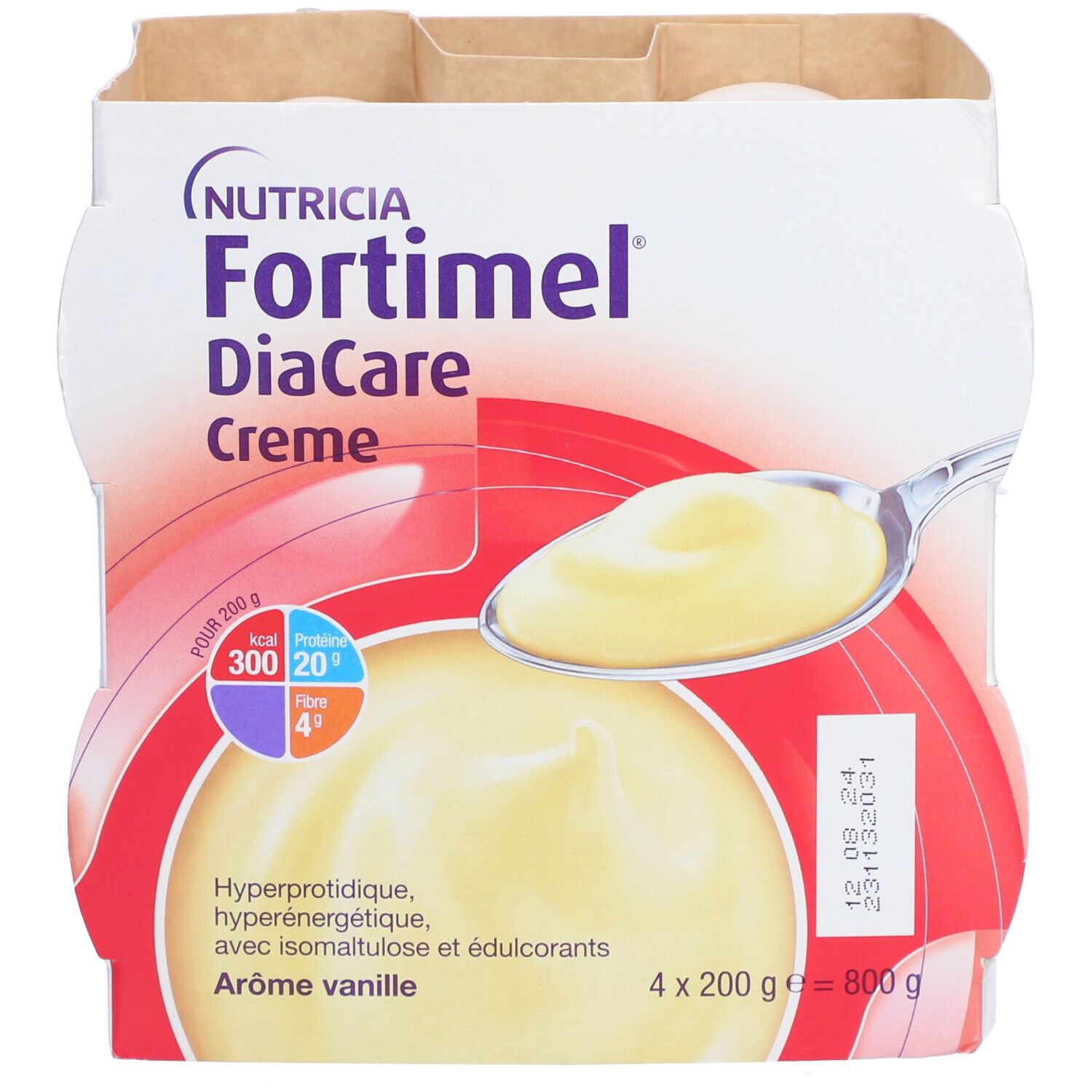 Boîte Fortimel DiaCare Crème vanille. 4 pots. Informations produit. Logo Nutricia et nom du produit.