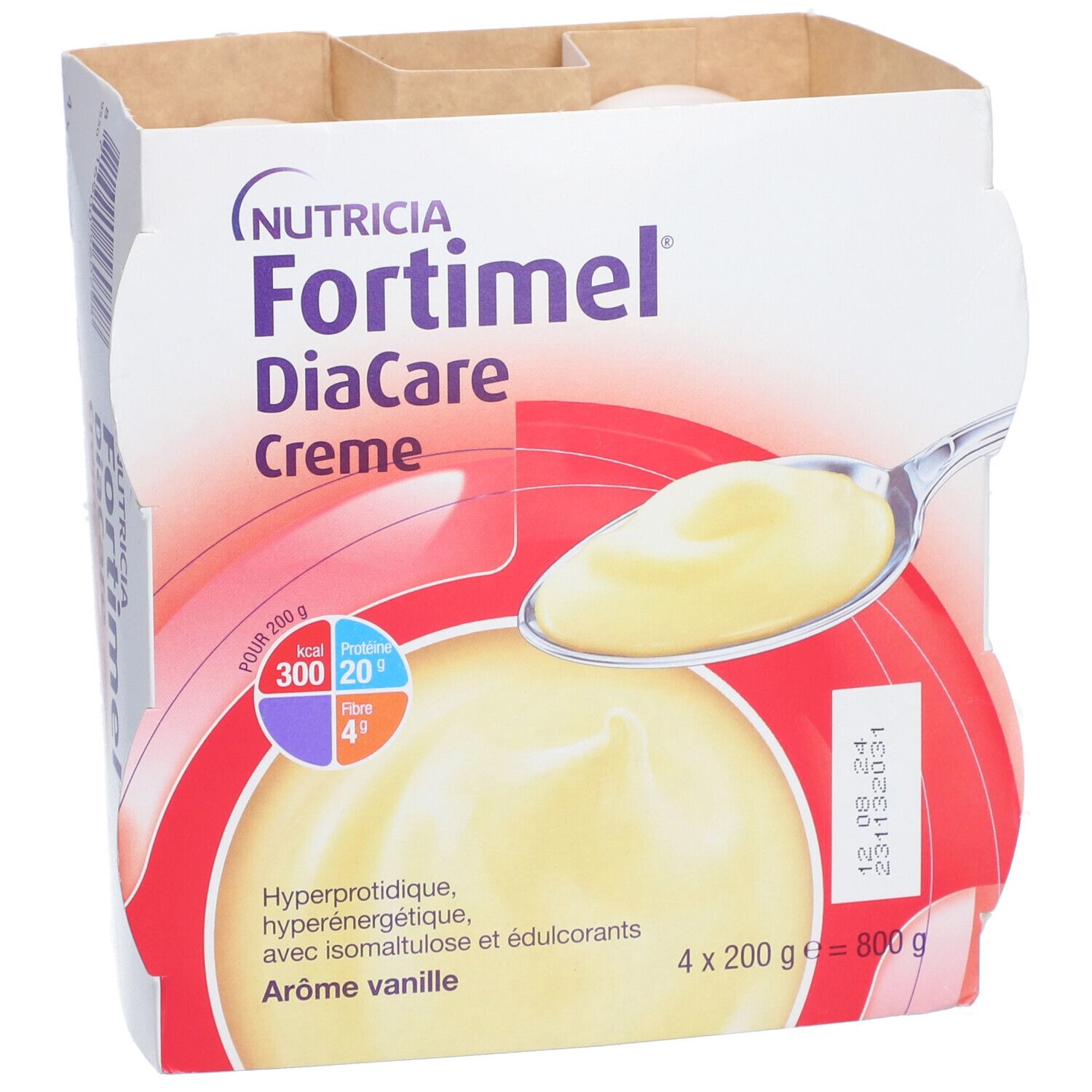 Boîte Fortimel DiaCare Crème vanille. 4 pots. Informations produit. Logo Nutricia et nom du produit.