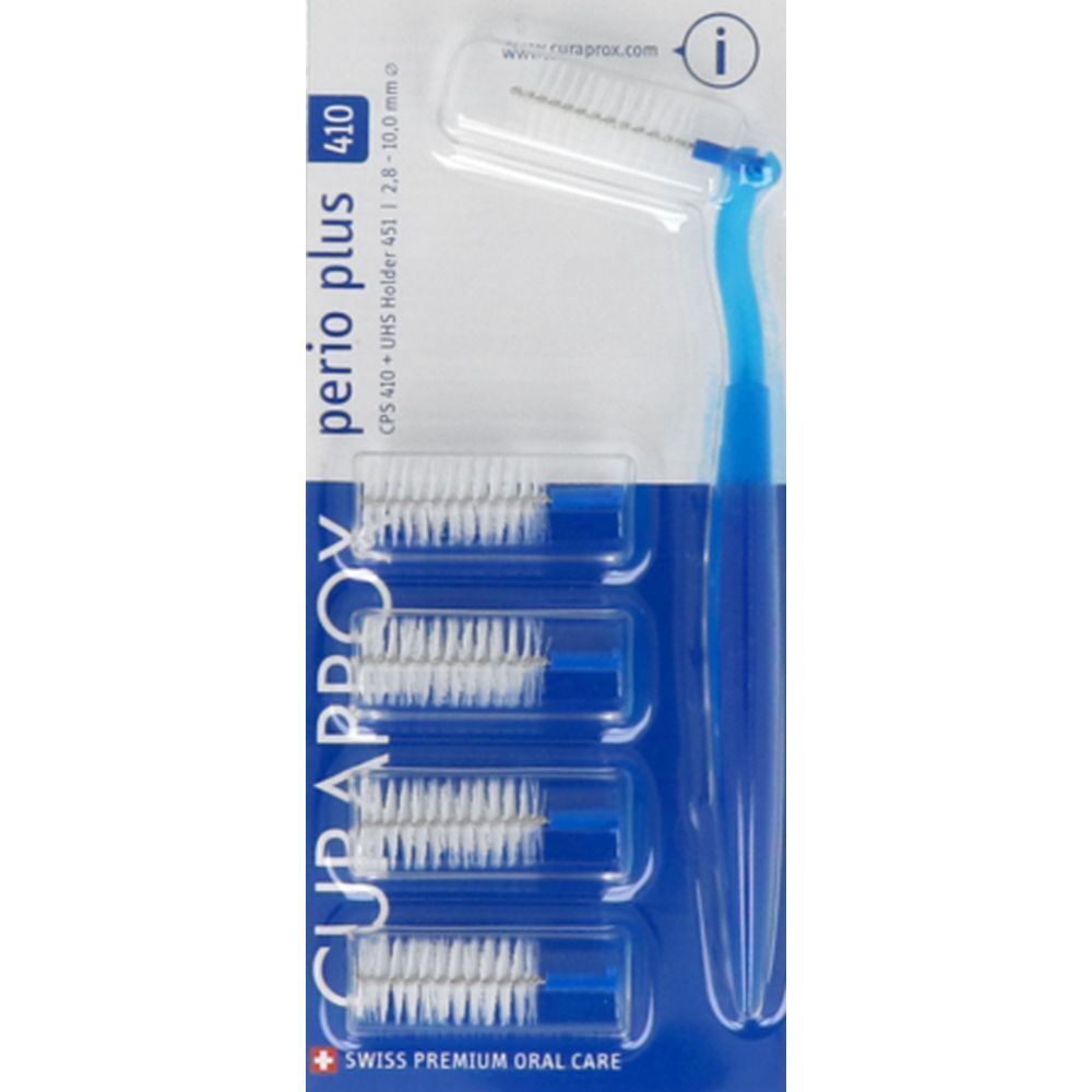 Ensemble de brosses interdentaires. Support bleu avec têtes de brosse en blister. Nom du produit et logo visibles.