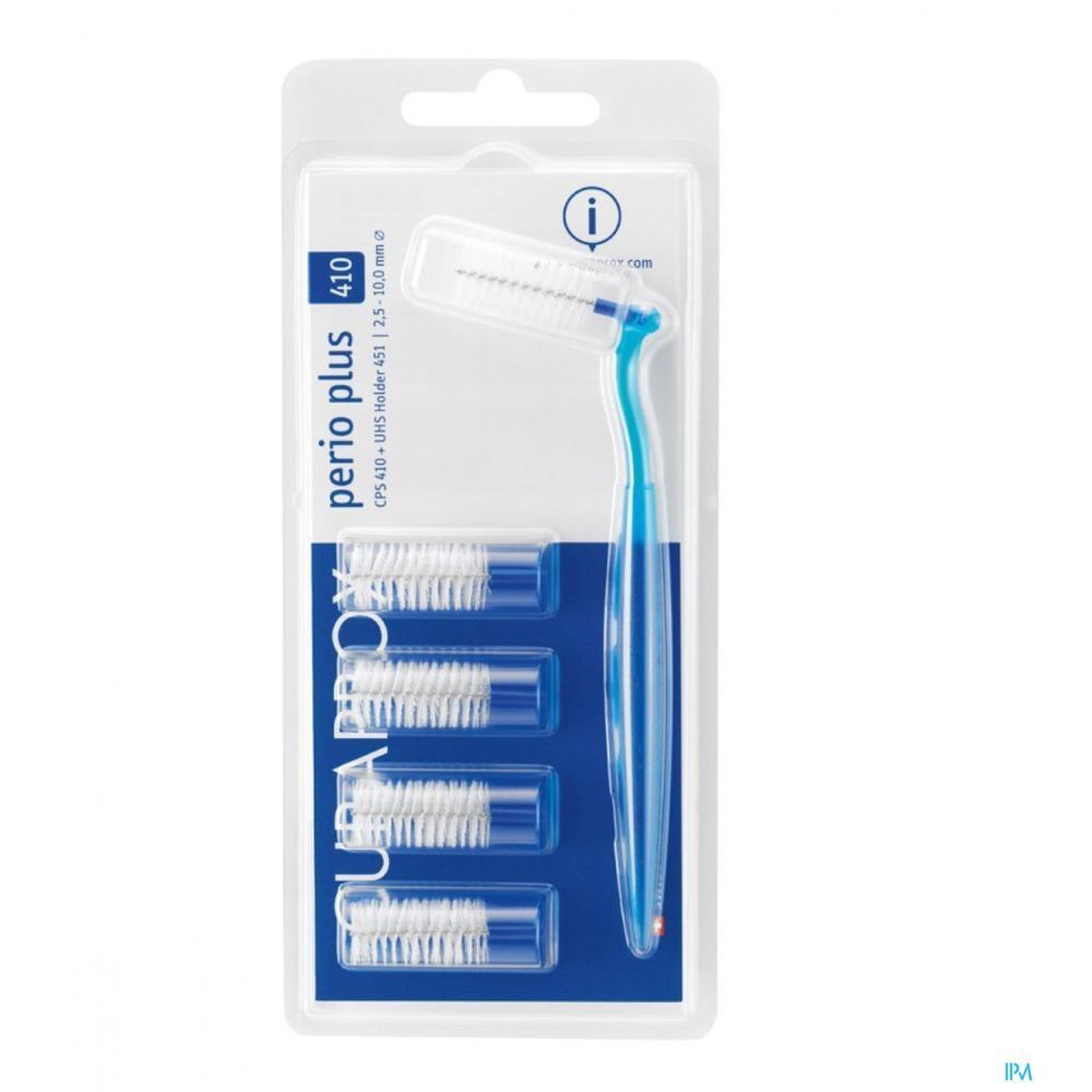 Ensemble de brosses interdentaires en blister. Support bleu avec têtes de brosse. Nom du produit et logo visibles.