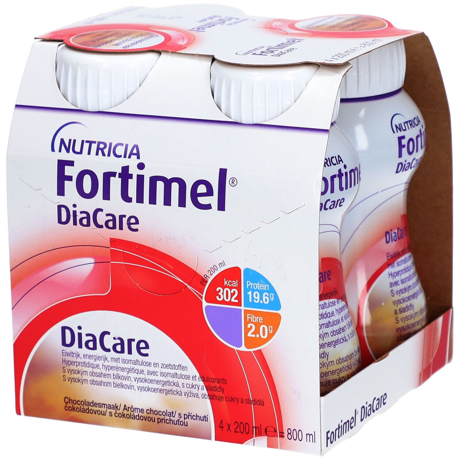 Emballage de quatre bouteilles Fortimel DiaCare Chocolat. Bouteilles dans une boîte en carton. Marque Nutricia. Informations nutritionnelles.