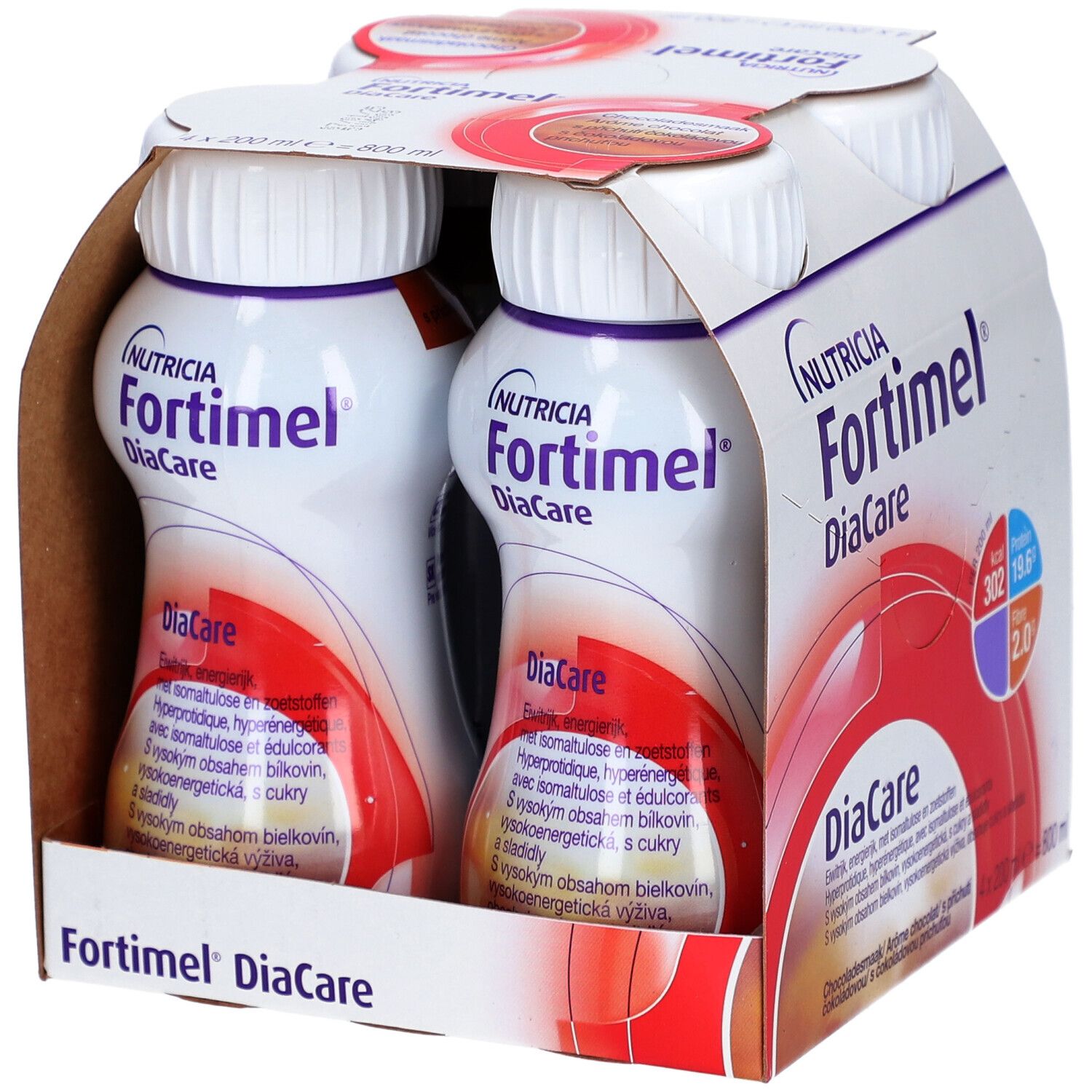 Emballage de quatre bouteilles Fortimel DiaCare Chocolat. Bouteilles dans une boîte en carton. Marque Nutricia. Informations nutritionnelles.