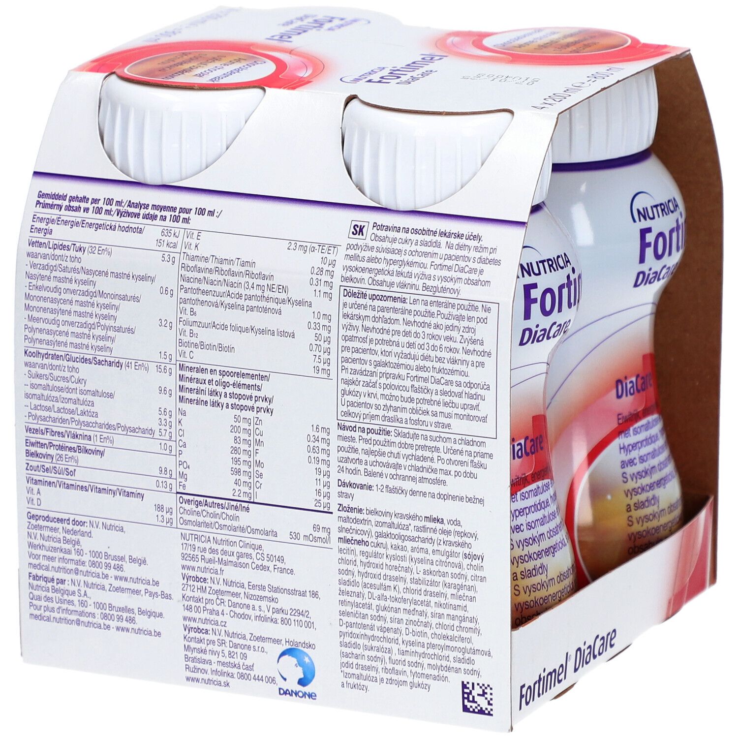 Dos de l'emballage Fortimel DiaCare Chocolat. Contient des informations nutritionnelles et des ingrédients. Marque Nutricia.