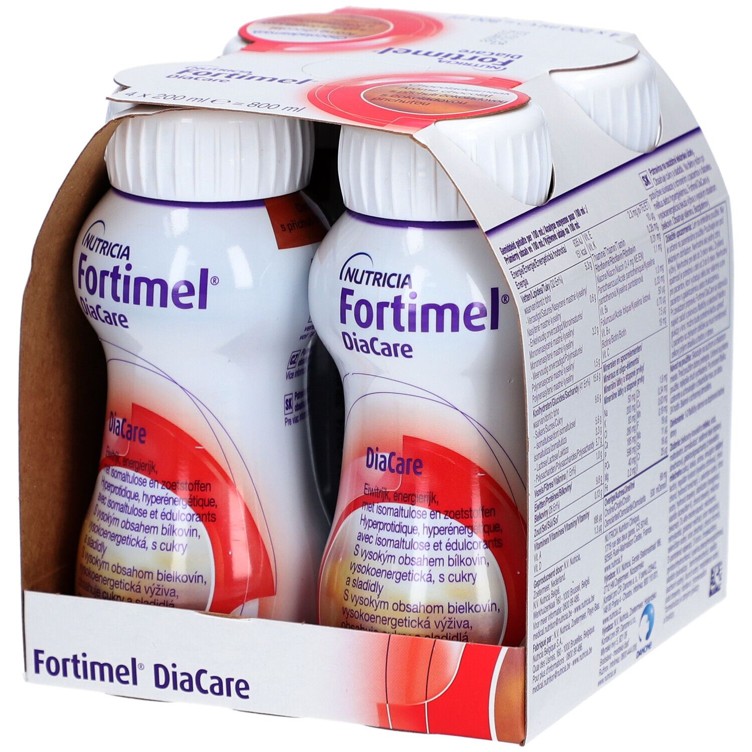 Emballage de quatre bouteilles Fortimel DiaCare Chocolat. Bouteilles dans une boîte en carton. Marque Nutricia. Informations nutritionnelles.