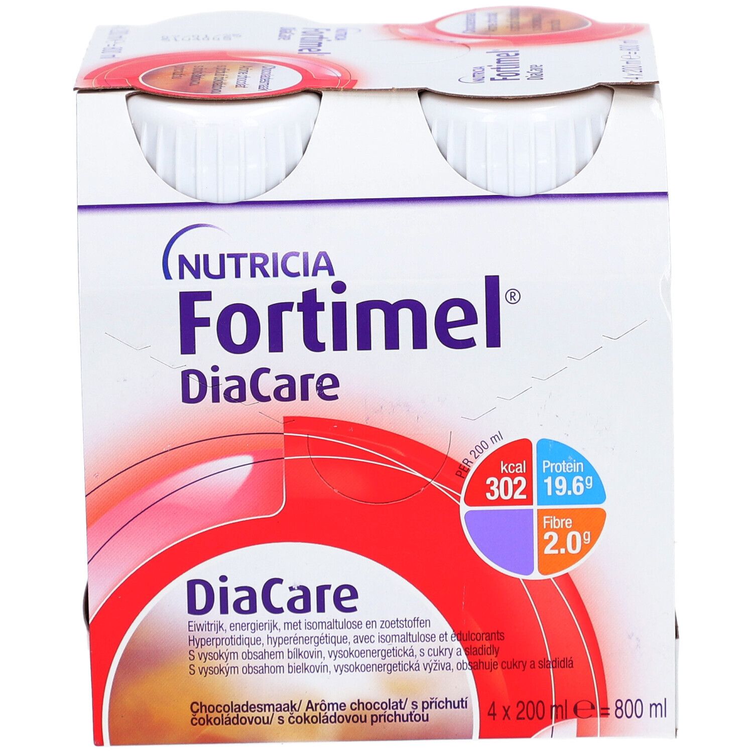 Emballage de quatre bouteilles Fortimel DiaCare Chocolat. Bouteilles dans une boîte en carton. Marque Nutricia. Informations nutritionnelles.