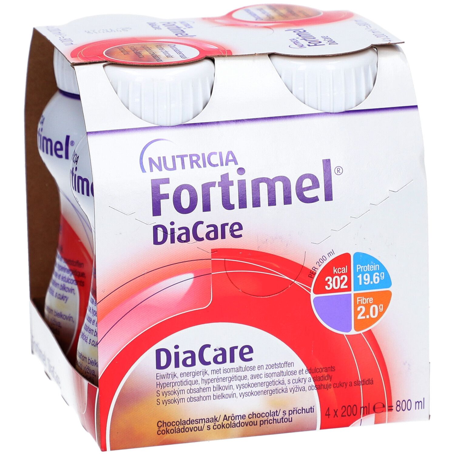 Emballage de quatre bouteilles Fortimel DiaCare Chocolat. Bouteilles dans une boîte en carton. Marque Nutricia. Informations nutritionnelles.