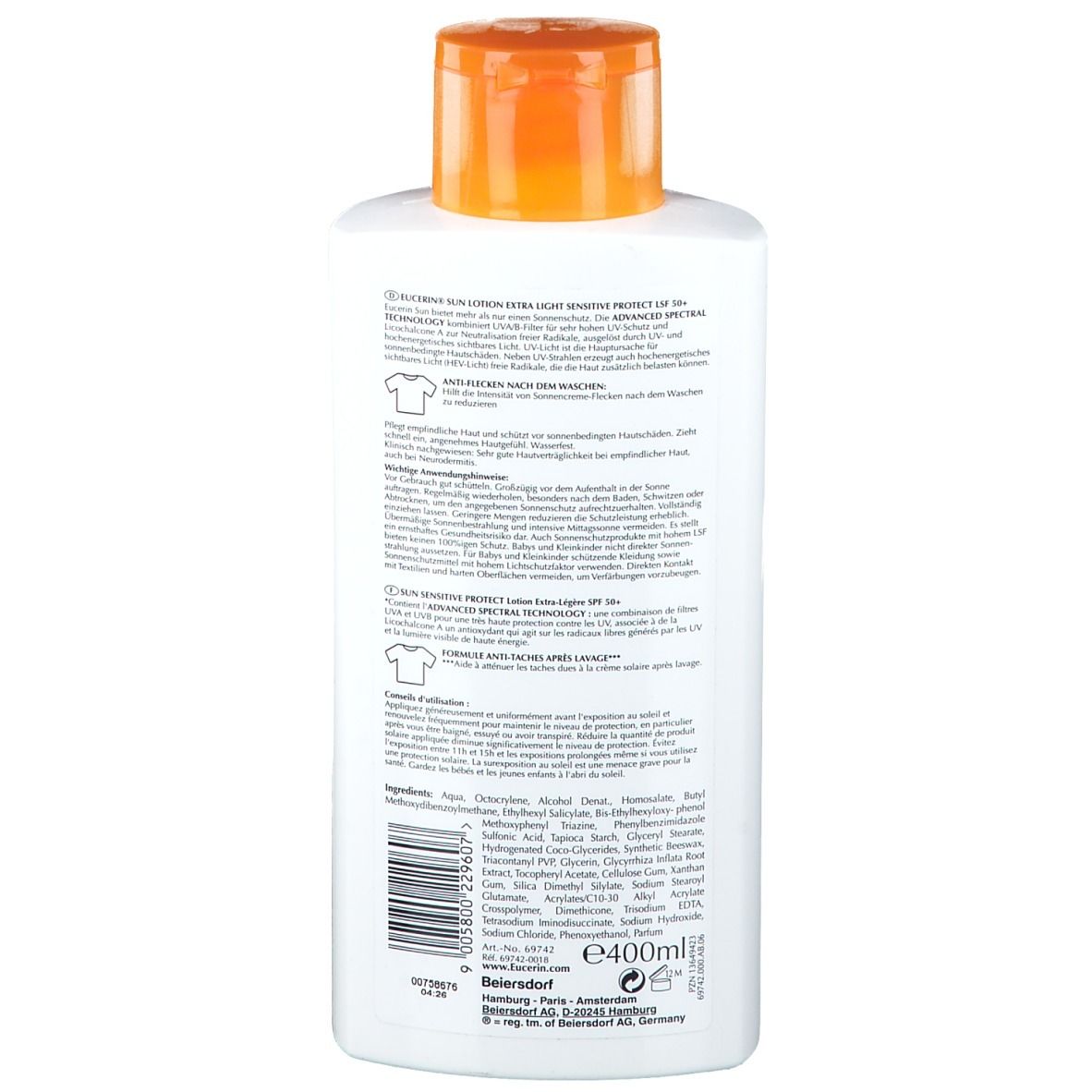 Dos du flacon Eucerin Sensitive Protect Lotion solaire LSF 50+. Contient texte et ingrédients. Flacon blanc, bouchon orange.