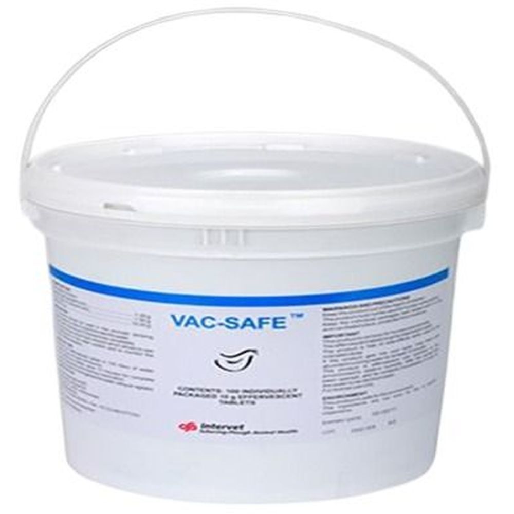 Seau blanc avec couvercle et poignée. Inscription VAC-SAFE et logo. Contient 100 comprimés. Logo Intervet.