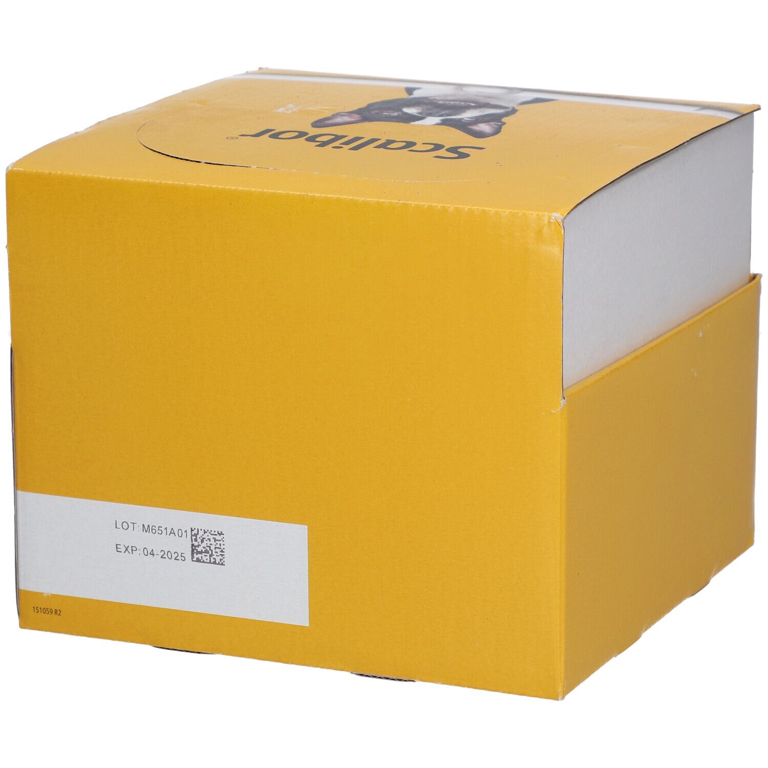 Boîte jaune avec nom et logo du produit. Dos avec numéro de lot et date de péremption.