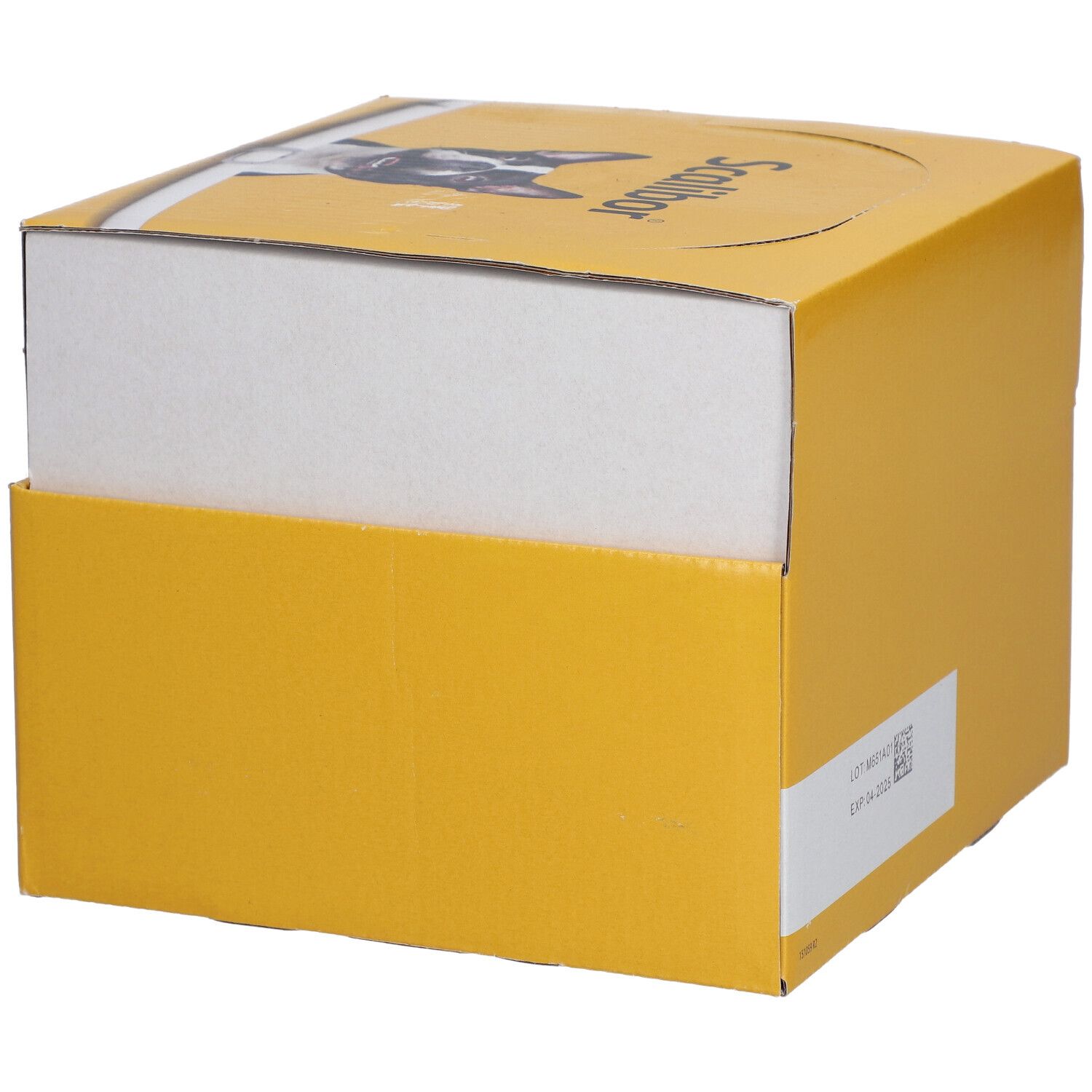 Boîte jaune avec nom et logo du produit. Vue latérale avec numéro de lot.
