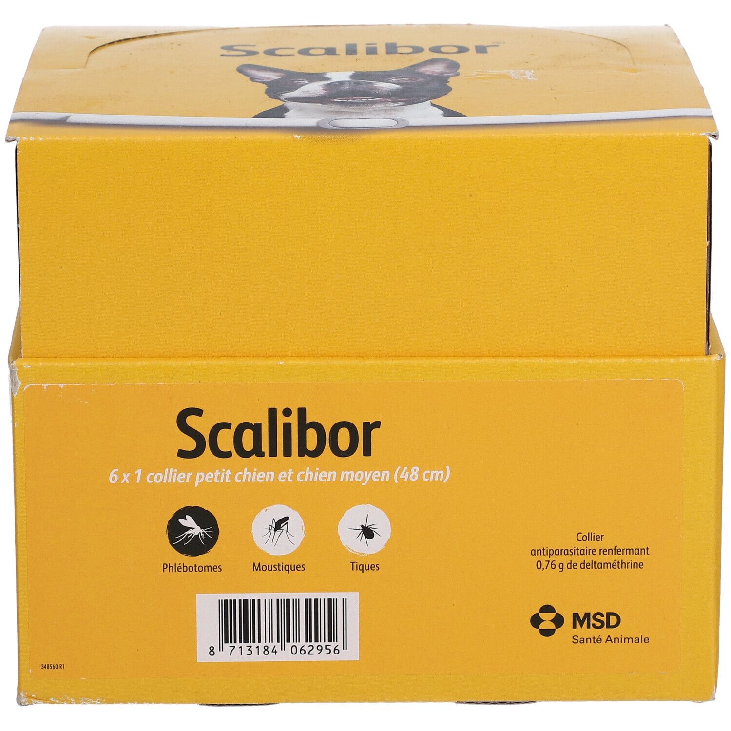 Boîte jaune avec nom et logo du produit. Contient 6 colliers pour chiens. Face avant avec informations.