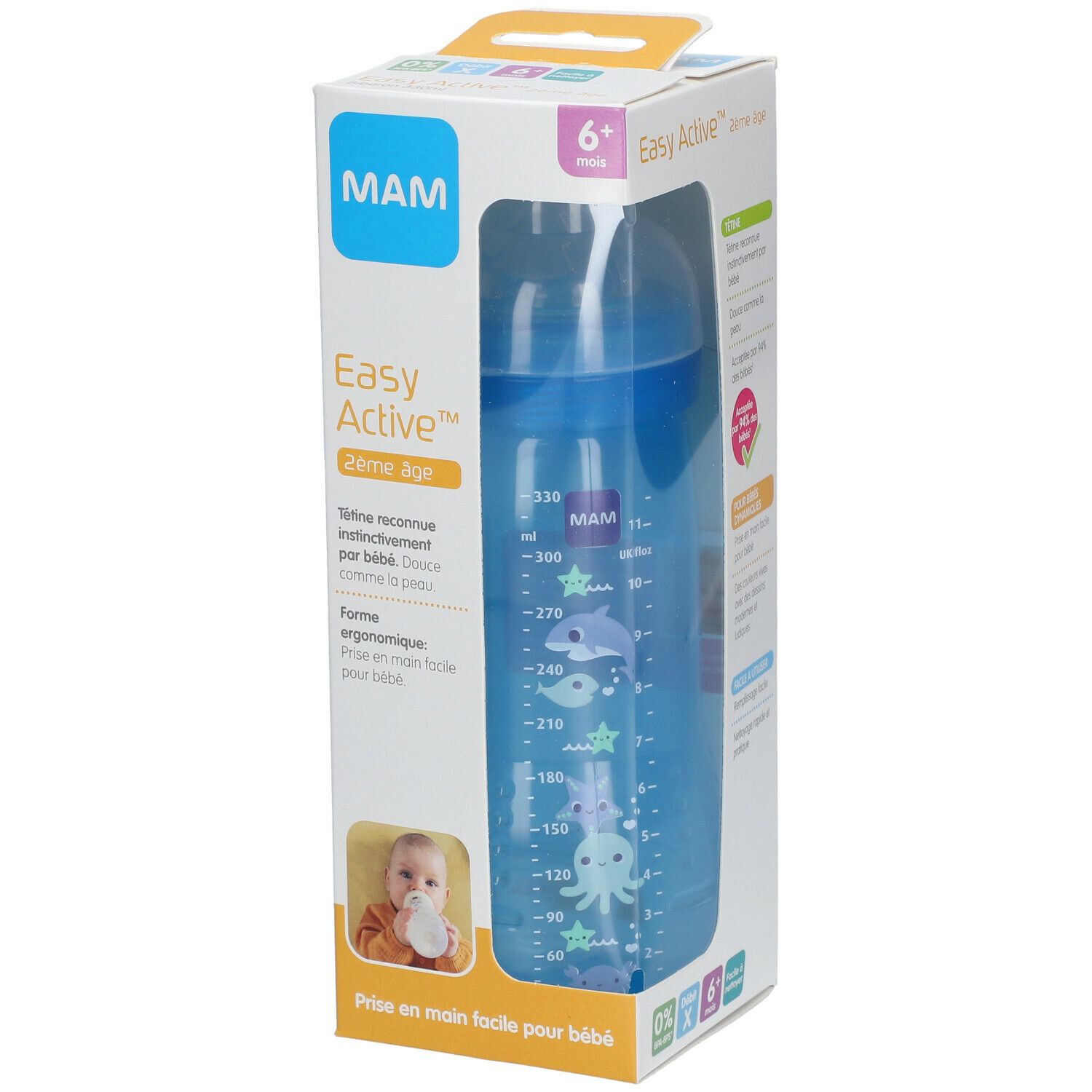 Biberon MAM Easy Start™ Anti-Colic bleu dans son emballage. Échelle graduée, illustrations marines. 6+ mois.