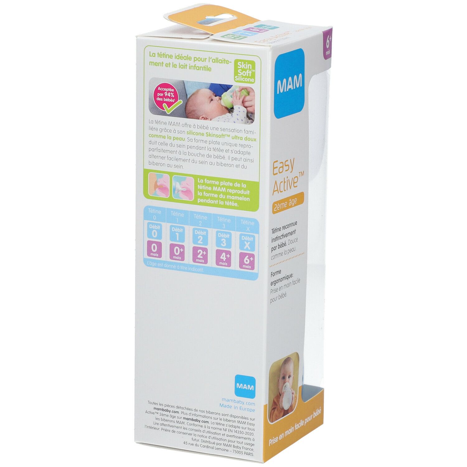 Emballage du biberon MAM Easy Start™ Anti-Colic. Informations produit, illustrations et indications d'âge.