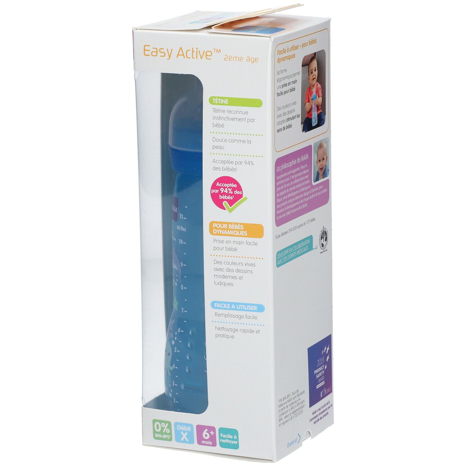 Emballage du biberon MAM Easy Start™ Anti-Colic. Vue du produit, informations et indications d'âge.