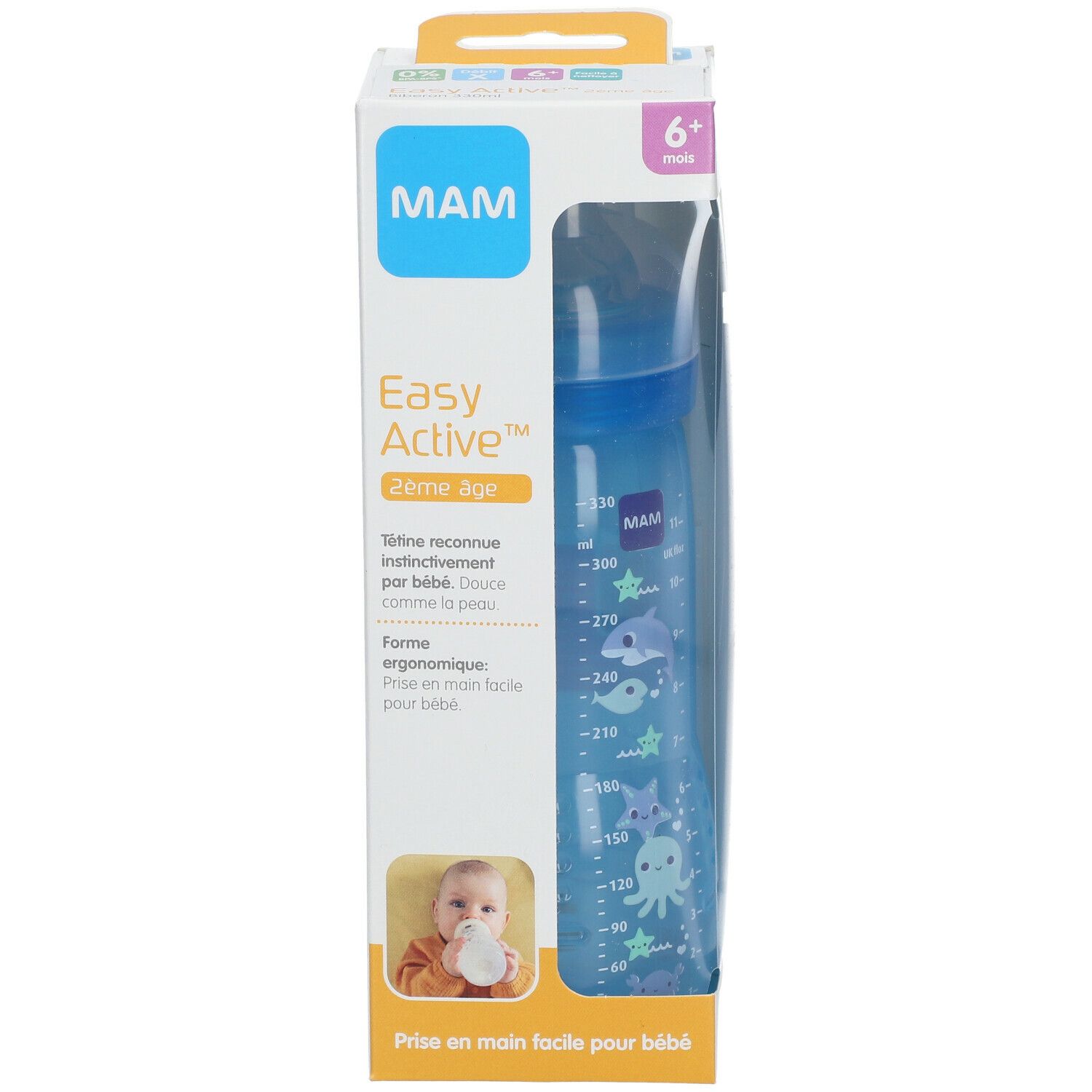 Biberon MAM Easy Start™ Anti-Colic bleu dans son emballage. Échelle graduée, illustrations marines. 6+ mois.