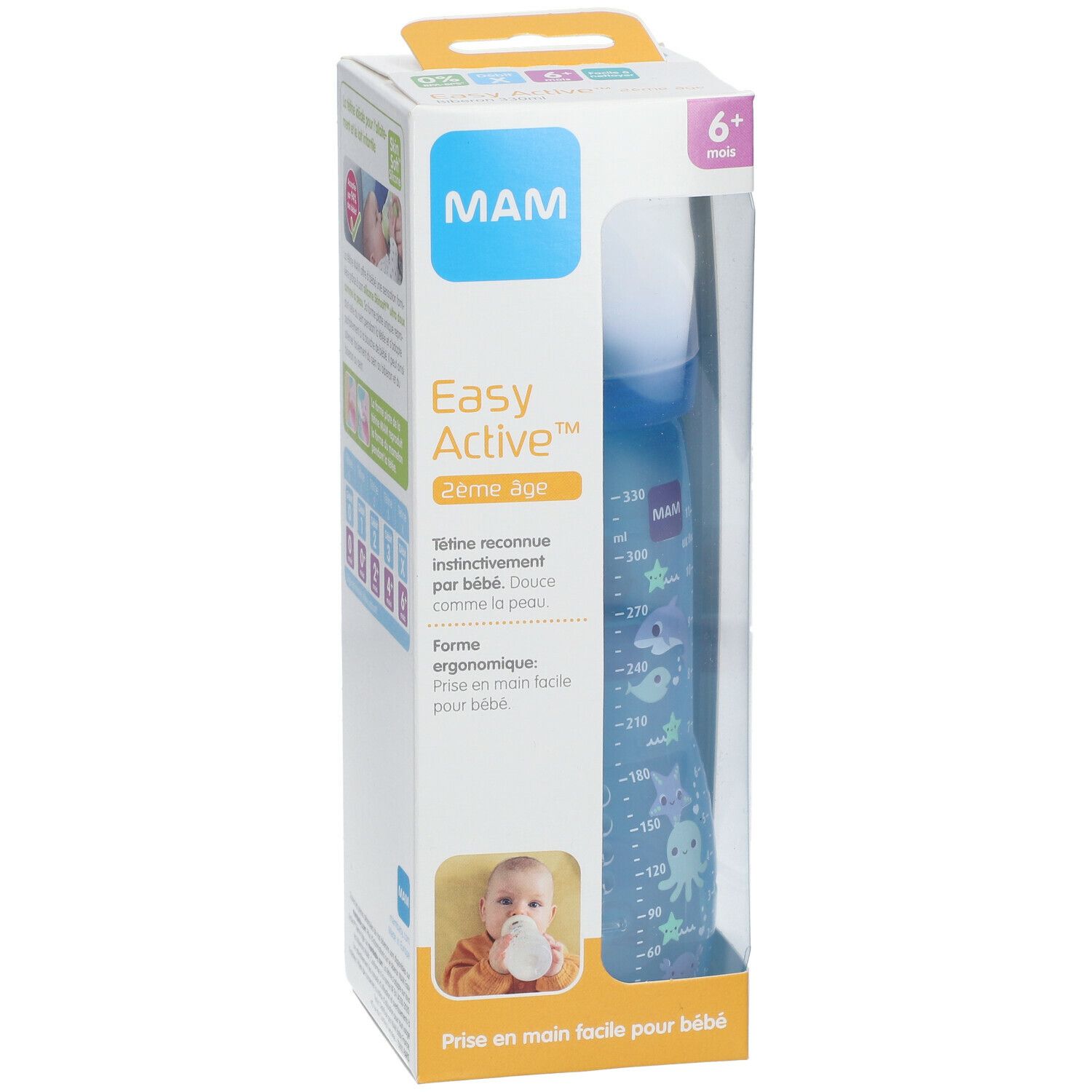 Biberon MAM Easy Start™ Anti-Colic bleu dans son emballage. Échelle graduée, illustrations marines. 6+ mois.