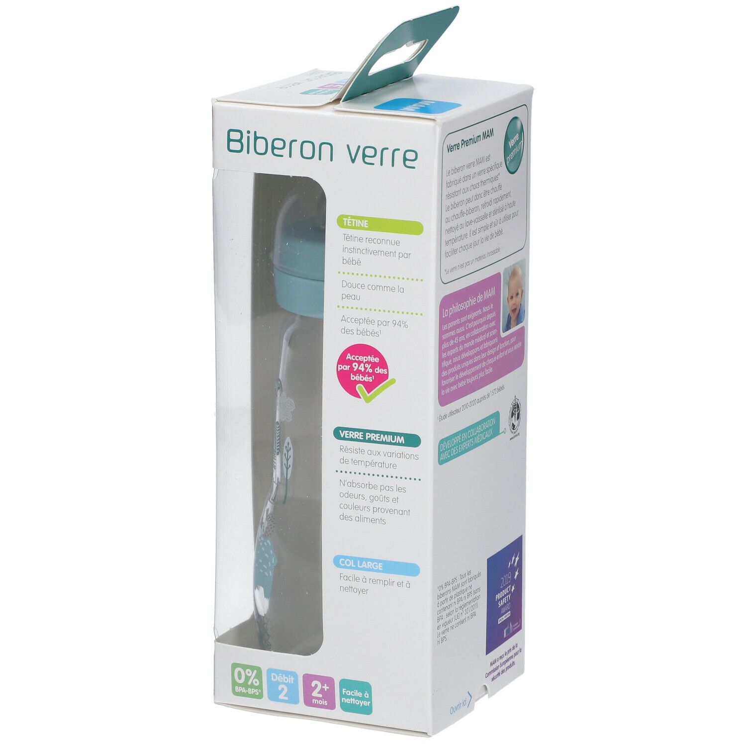 MAM Biberon Verre 1er âge 260 ml bleu