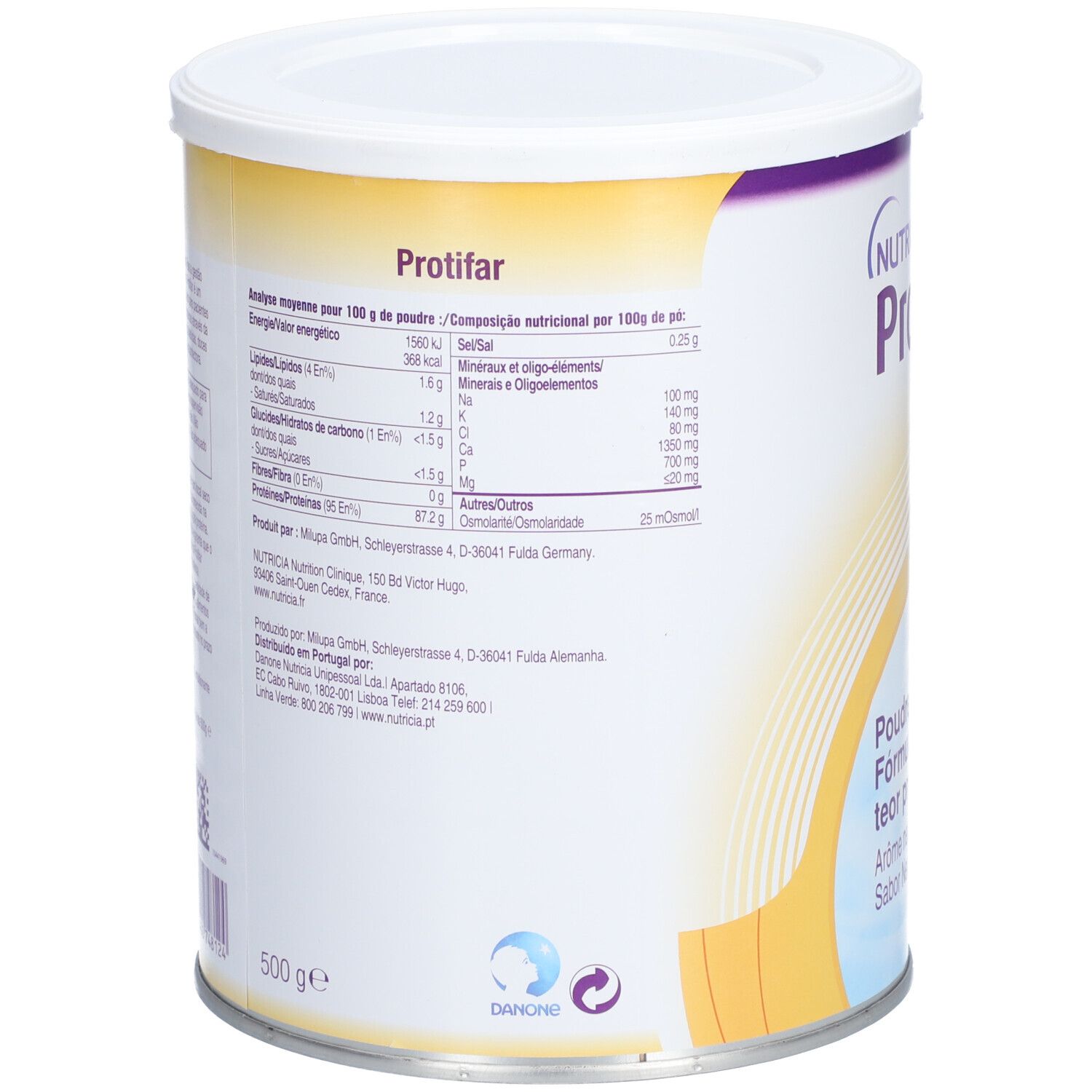 Dos de la boîte "Nutricia Protifar". Contient informations nutritionnelles et fabricant. 500g.