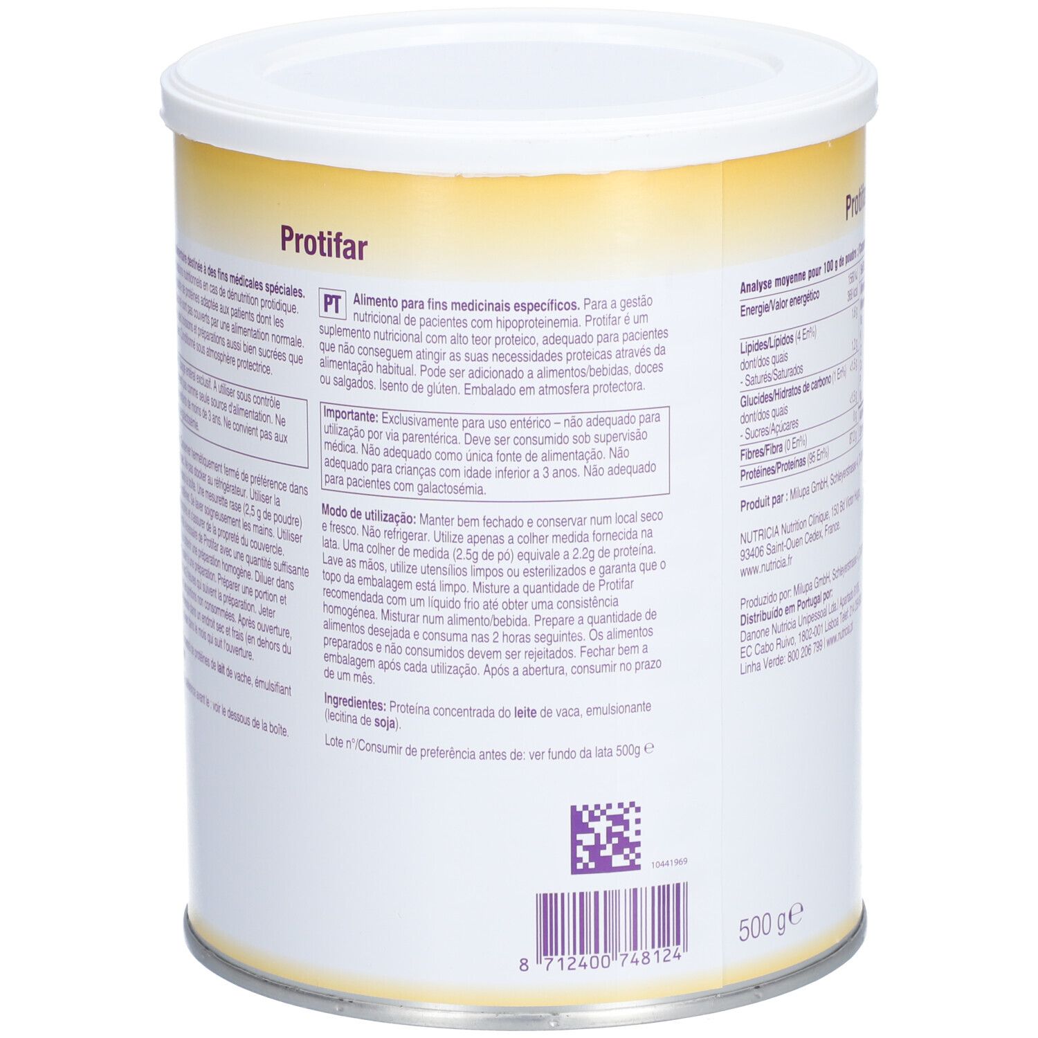 Dos de la boîte "Nutricia Protifar". Contient mode d'emploi et ingrédients. 500g.