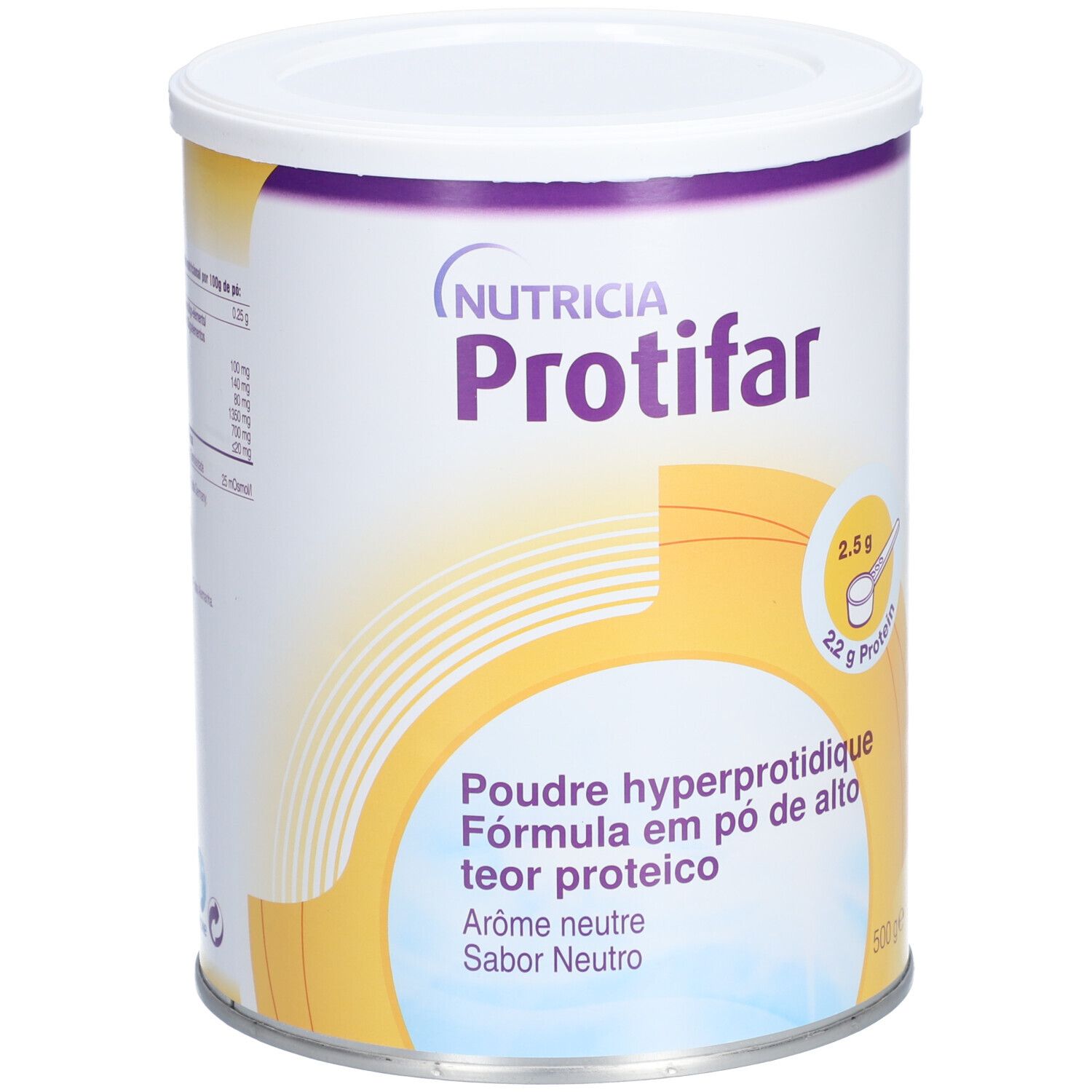 Boîte blanche et jaune "Nutricia Protifar". Inscription: Poudre hyperprotéidique, 500g. Contient 22g de protéines. Graphique jaune.