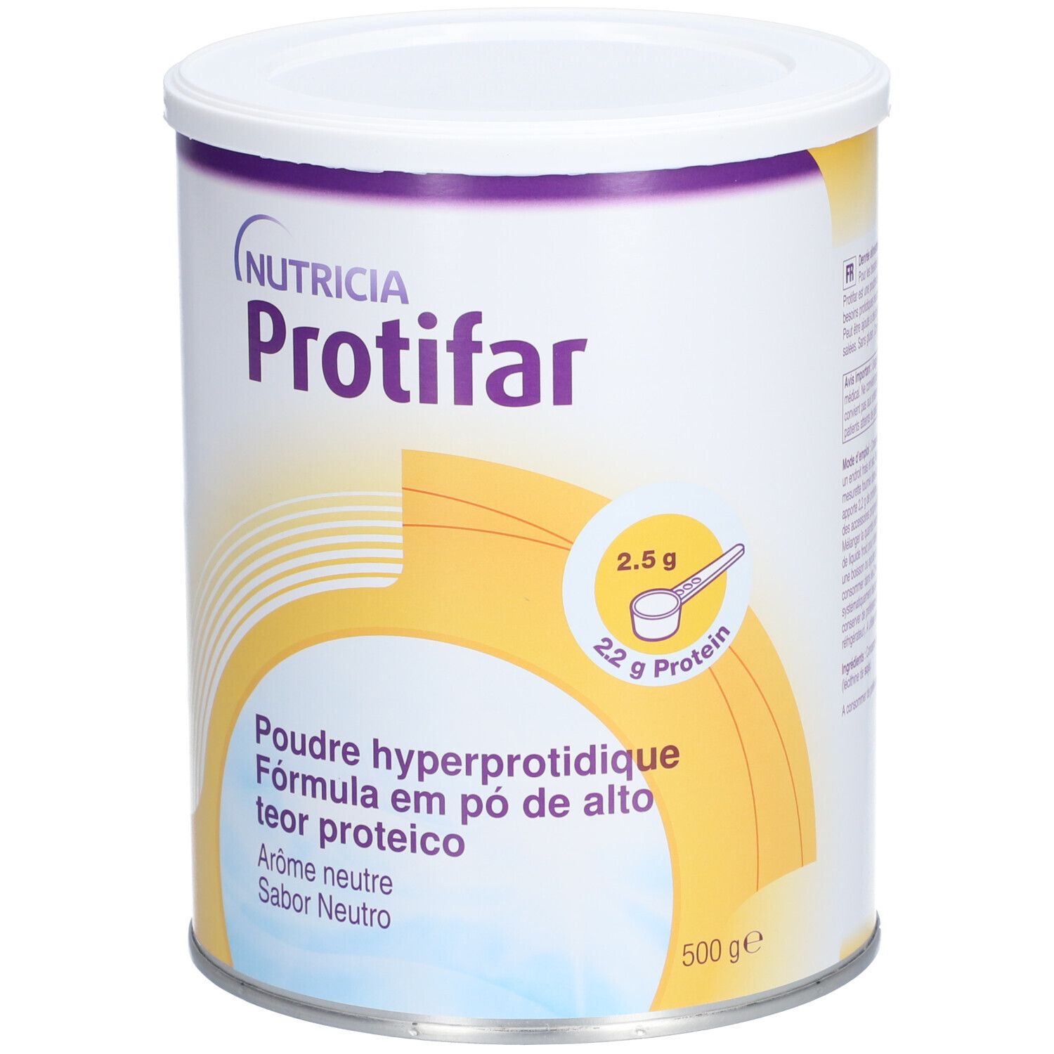 Boîte cylindrique "Nutricia Protifar". Inscription: Poudre hyperprotéidique, 500g. Contient 22g de protéines. Couvercle blanc.