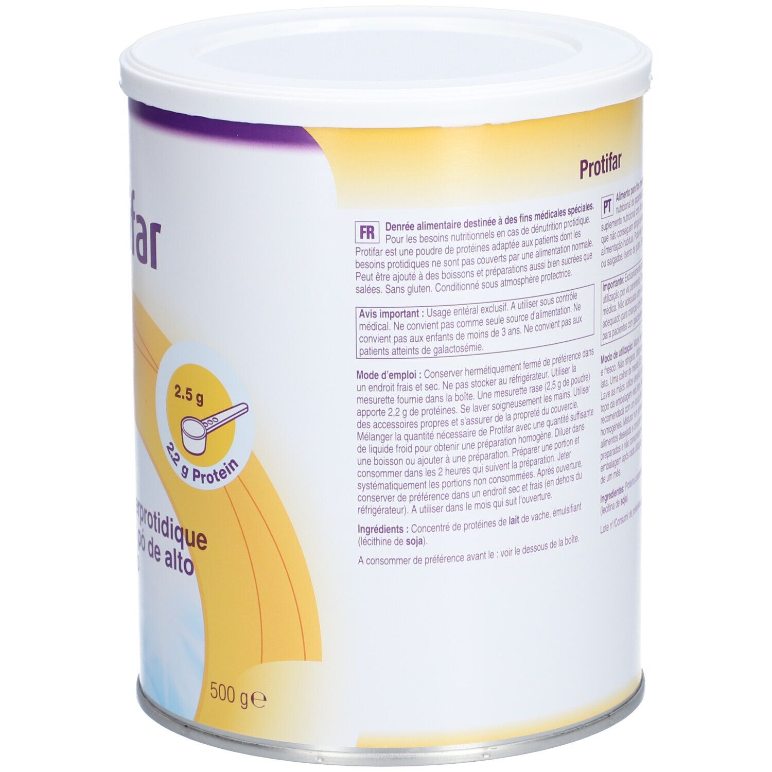 Dos de la boîte "Nutricia Protifar". Contient mode d'emploi et ingrédients. 500g.