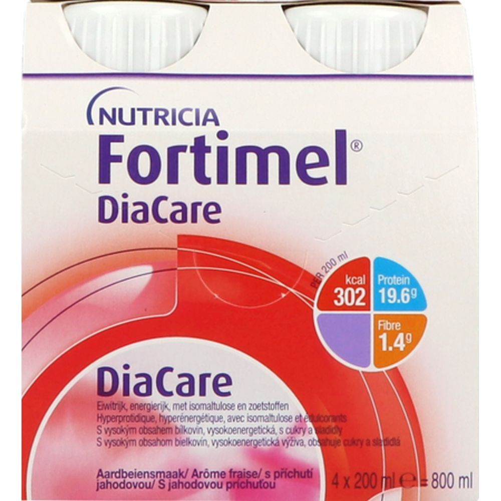 Emballage de quatre bouteilles Fortimel DiaCare. Informations nutritionnelles: calories, protéines, fibres. Nom du produit et marque visibles.