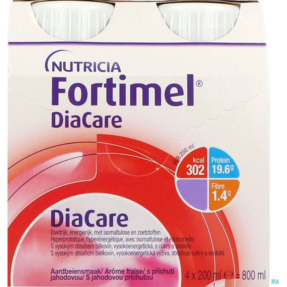 Emballage de quatre bouteilles Fortimel DiaCare. Informations nutritionnelles: calories, protéines, fibres. Nom du produit et marque visibles.