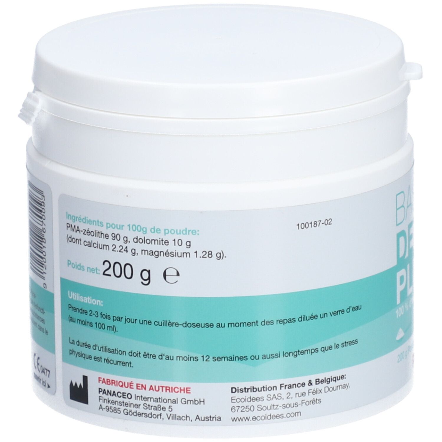 Pot blanc. Dos avec informations sur les ingrédients : zéolite PMA, dolomite, magnésium. Poids net : 200 g. Mode d'emploi. Adresse du fabricant.