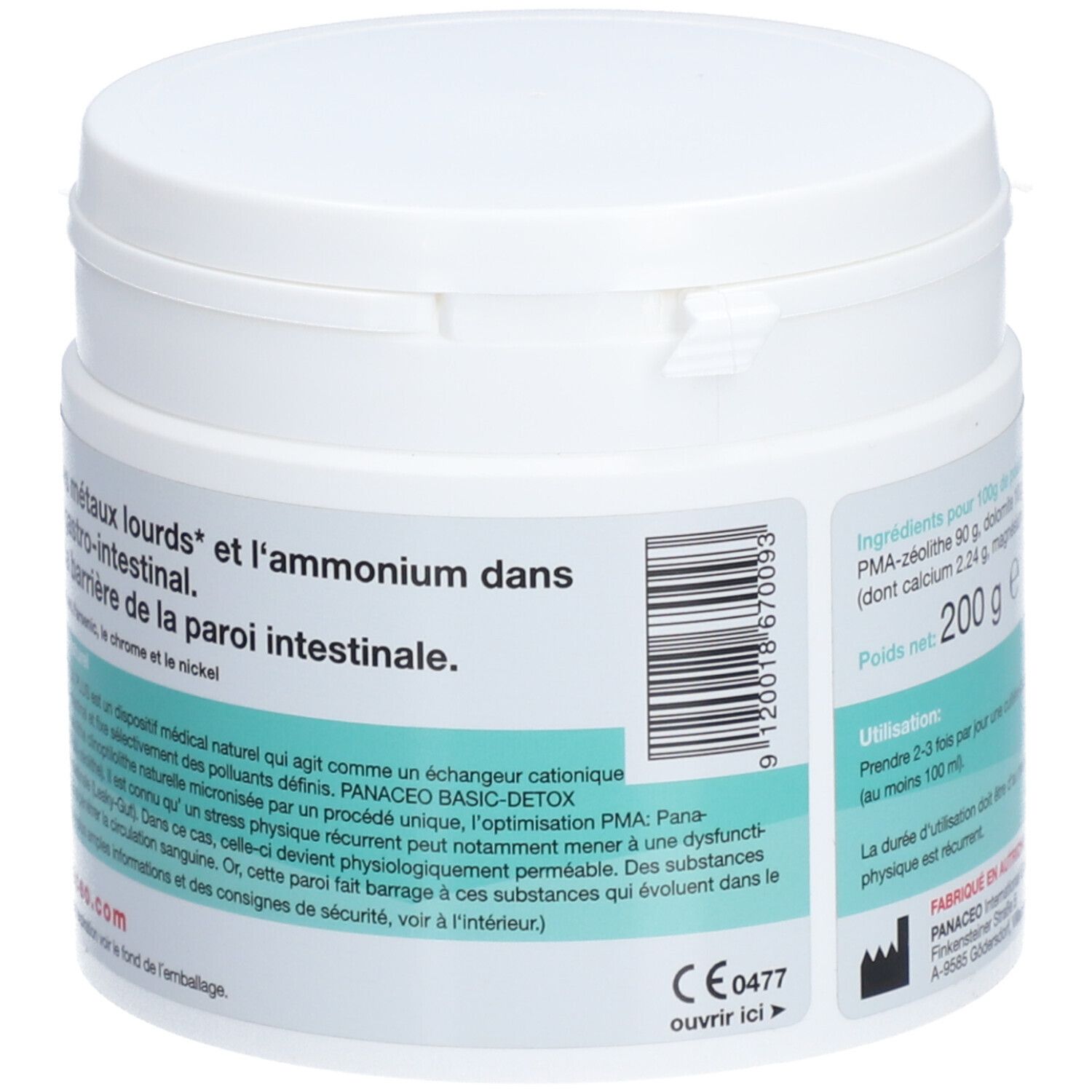 Pot blanc. Dos avec texte : métaux lourds et ammonium dans le tractus gastro-intestinal. Renforce la barrière intestinale. Code-barres et marquage CE.