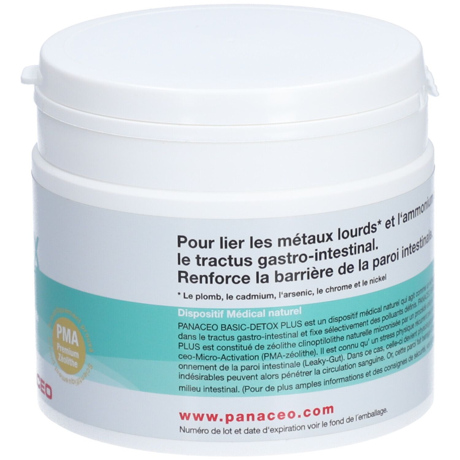 Pot blanc. Dos avec texte : métaux lourds et ammonium dans le tractus gastro-intestinal. Renforce la barrière intestinale. Certification PMA.