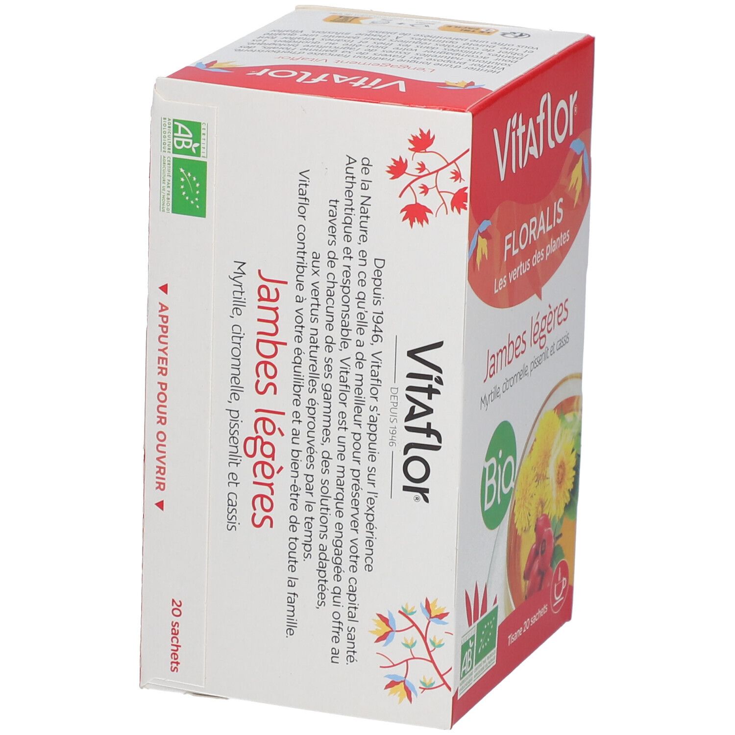 Boîte Vitaflor Bio Jambes légères. Rouge et blanc. Label AB. Ingrédients : myrtille, citronnelle, pissenlit, cassis.