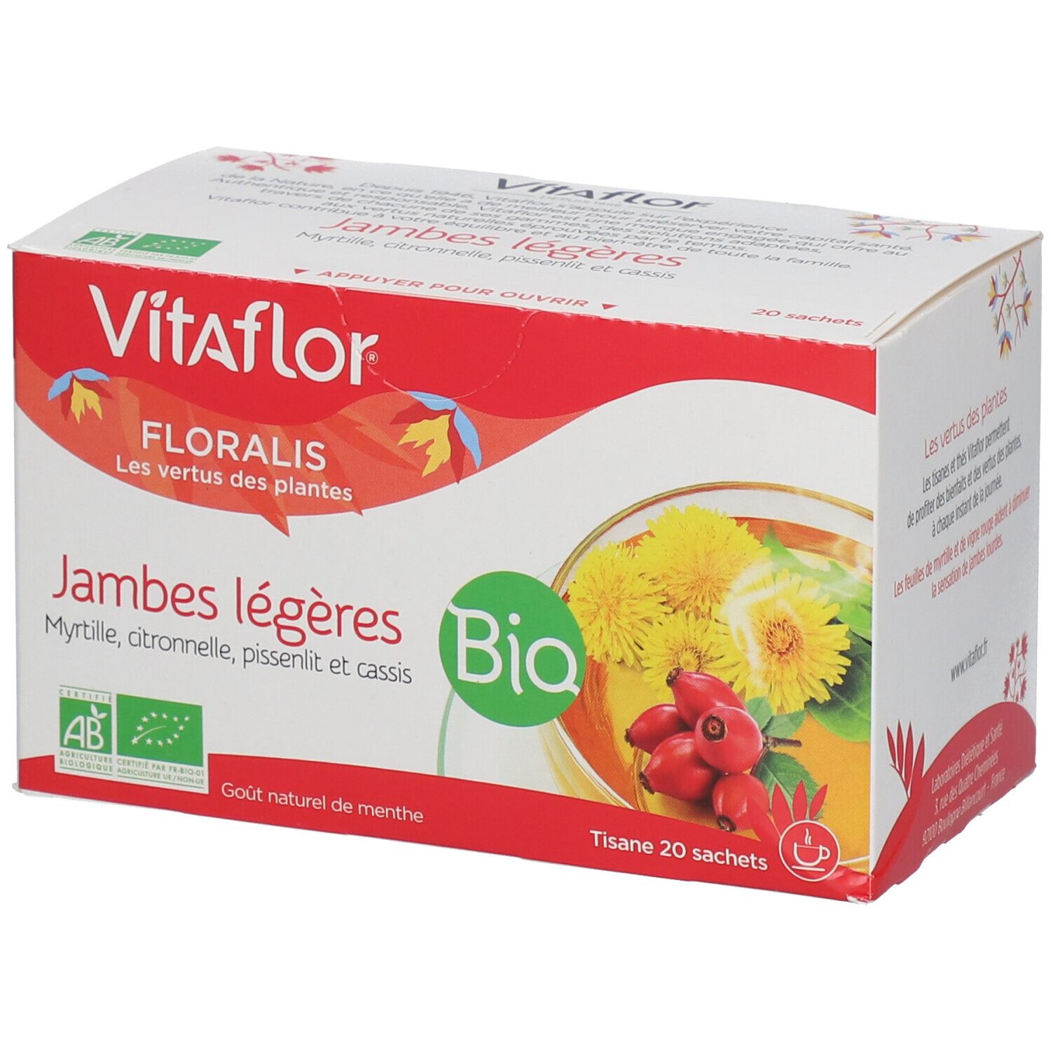 Boîte Vitaflor Bio Jambes légères. Illustration de plantes. Label AB. Contient 20 sachets de tisane.
