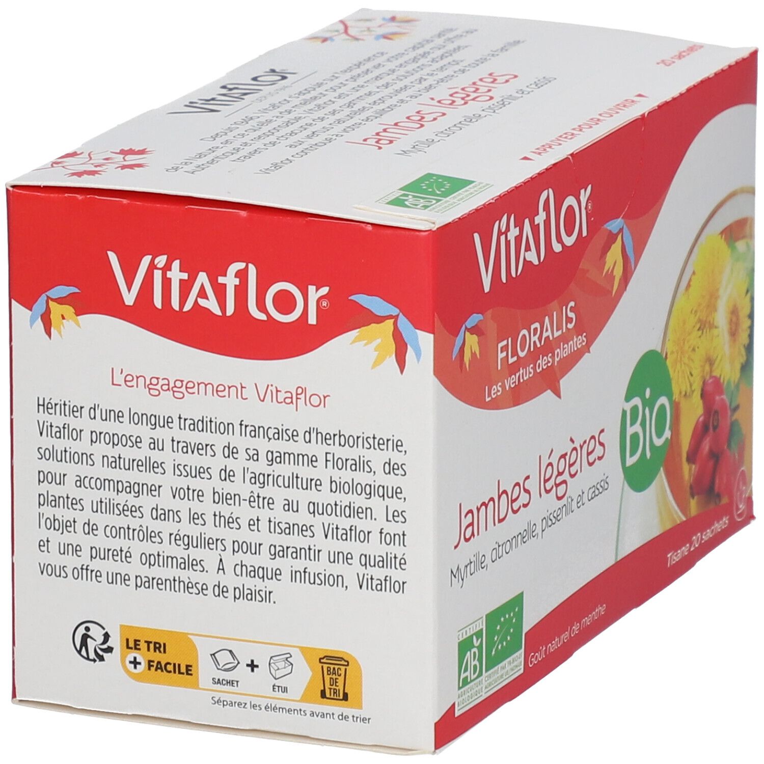 Boîte Vitaflor Bio Jambes légères. Rouge. Label AB. Ingrédients : myrtille, citronnelle, pissenlit, cassis.