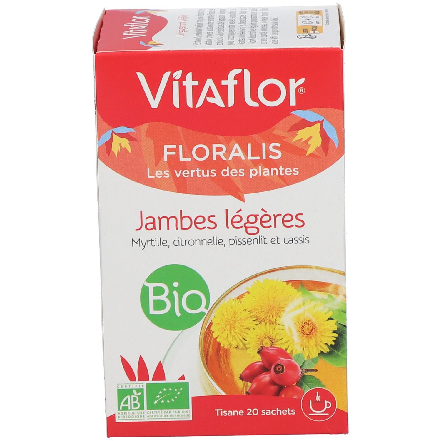 Boîte Vitaflor Bio Jambes légères. Rouge. Label AB. 20 sachets de tisane. Illustration de plantes.