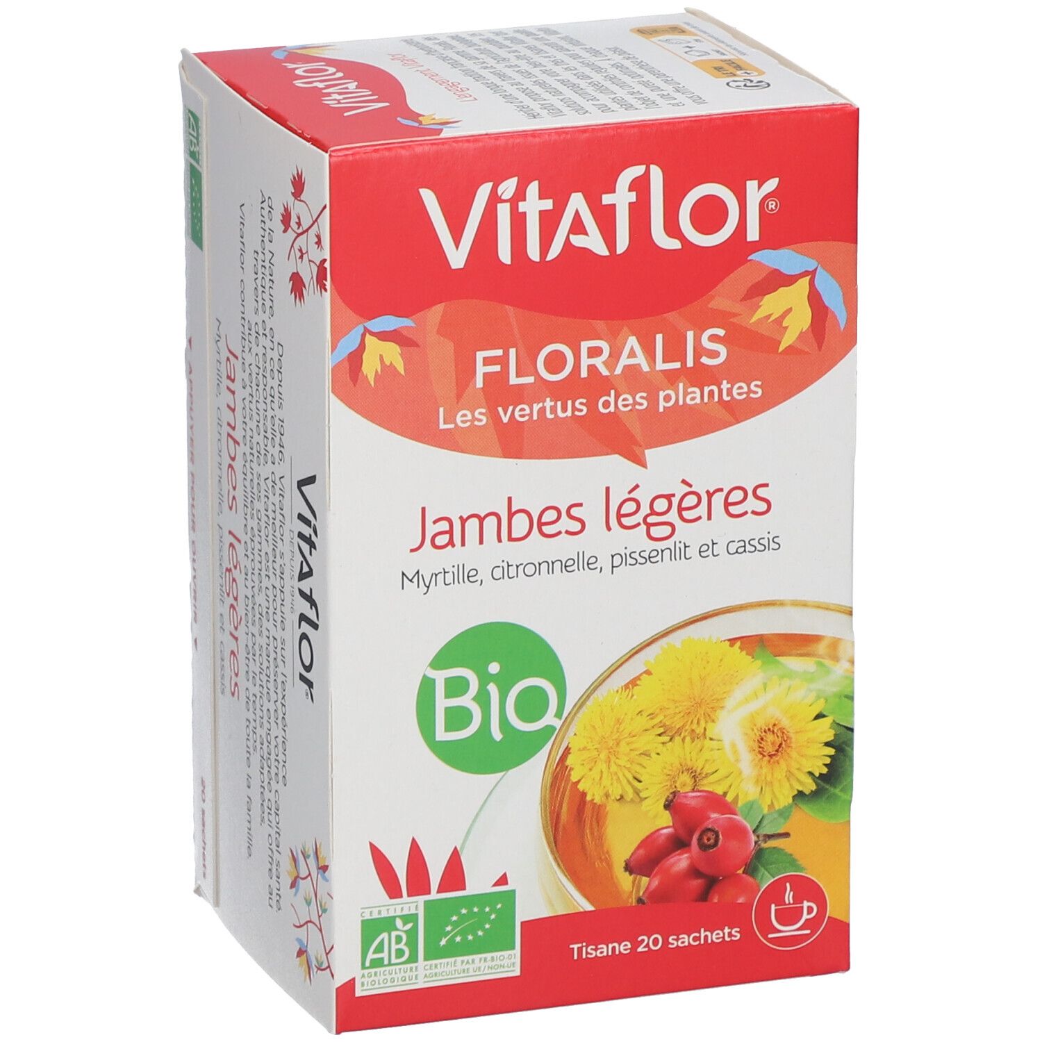 Boîte Vitaflor Bio Jambes légères. Rouge. Label AB. 20 sachets de tisane. Illustration de plantes.