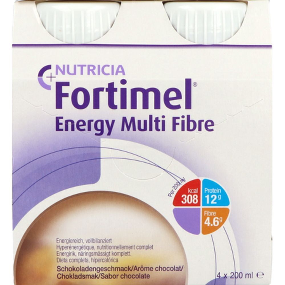 Emballage de quatre bouteilles Fortimel Energy Multi Fibre. Inscriptions : Nutricia, goût chocolat, informations nutritionnelles.