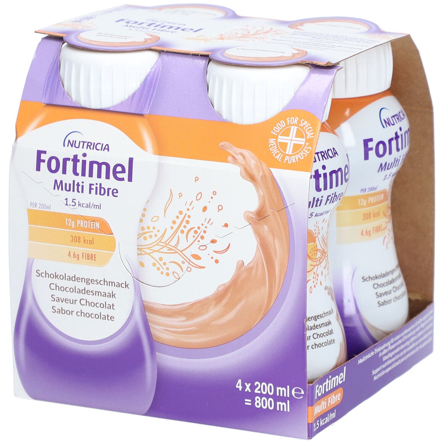 Emballage de quatre bouteilles Fortimel Multi Fibre. Inscriptions : Nutricia, goût chocolat, informations nutritionnelles, 1,5 kcal/ml.